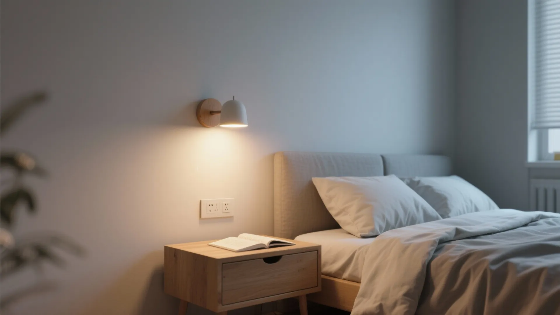 Modern bedroom with a white wall light mounted above a wooden bedside table and bed