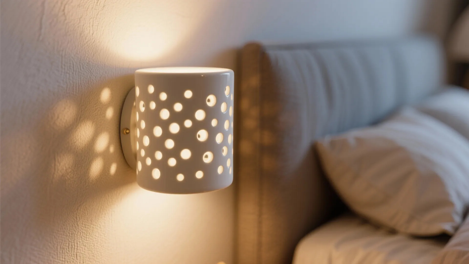 Close-up of a ceramic sconce with perforations casting delicate patterns above a headboard.