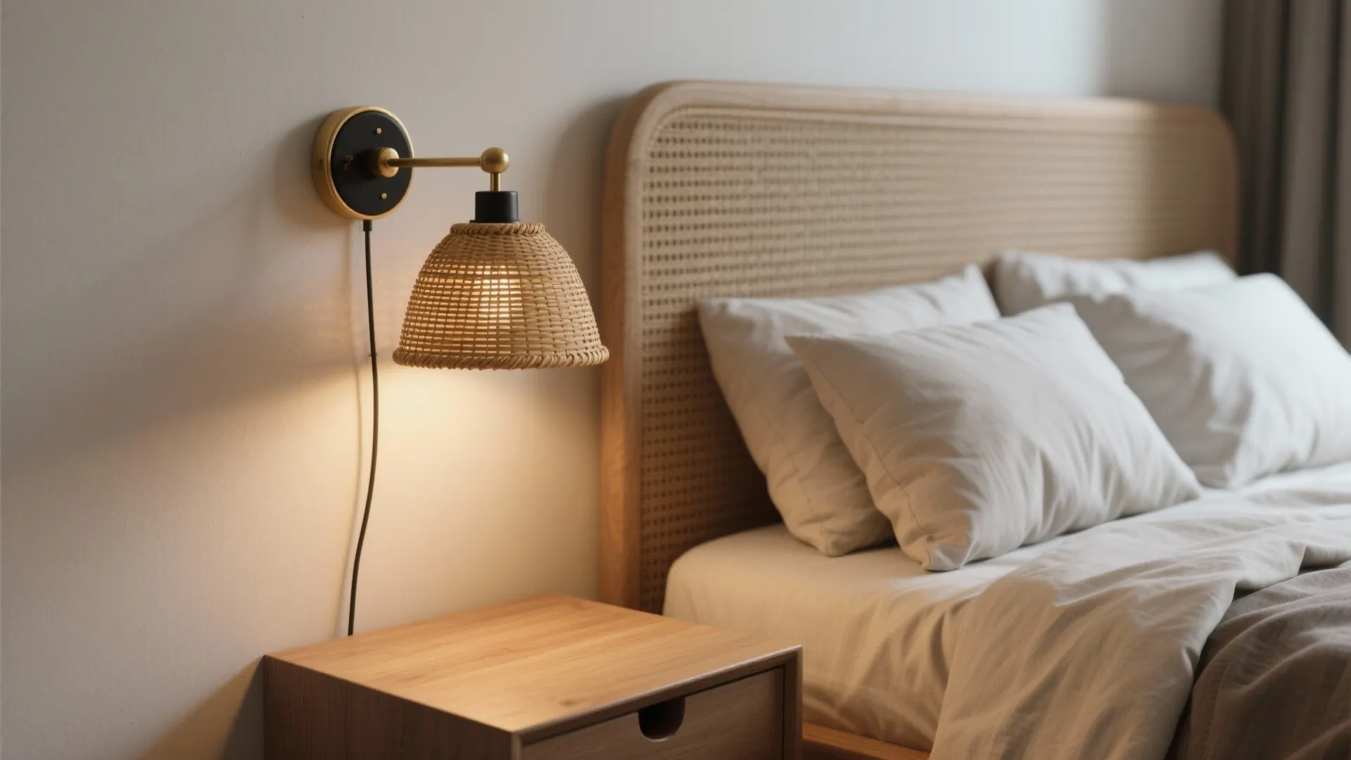 Bedroom with a rattan wall light beside the bed freeing bedside table space.