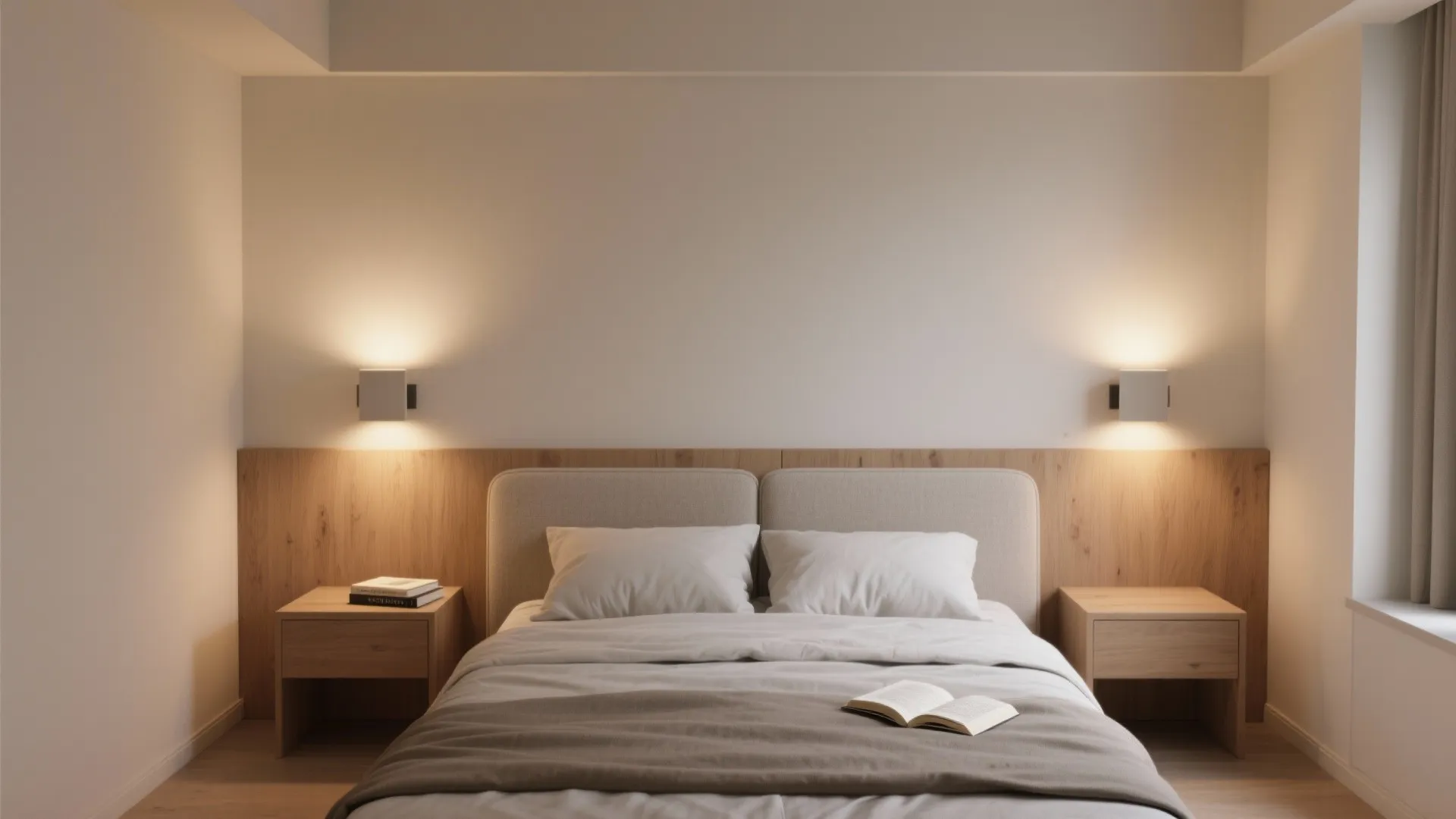 2) Recessed bedside wall lights that declutter the nightstand