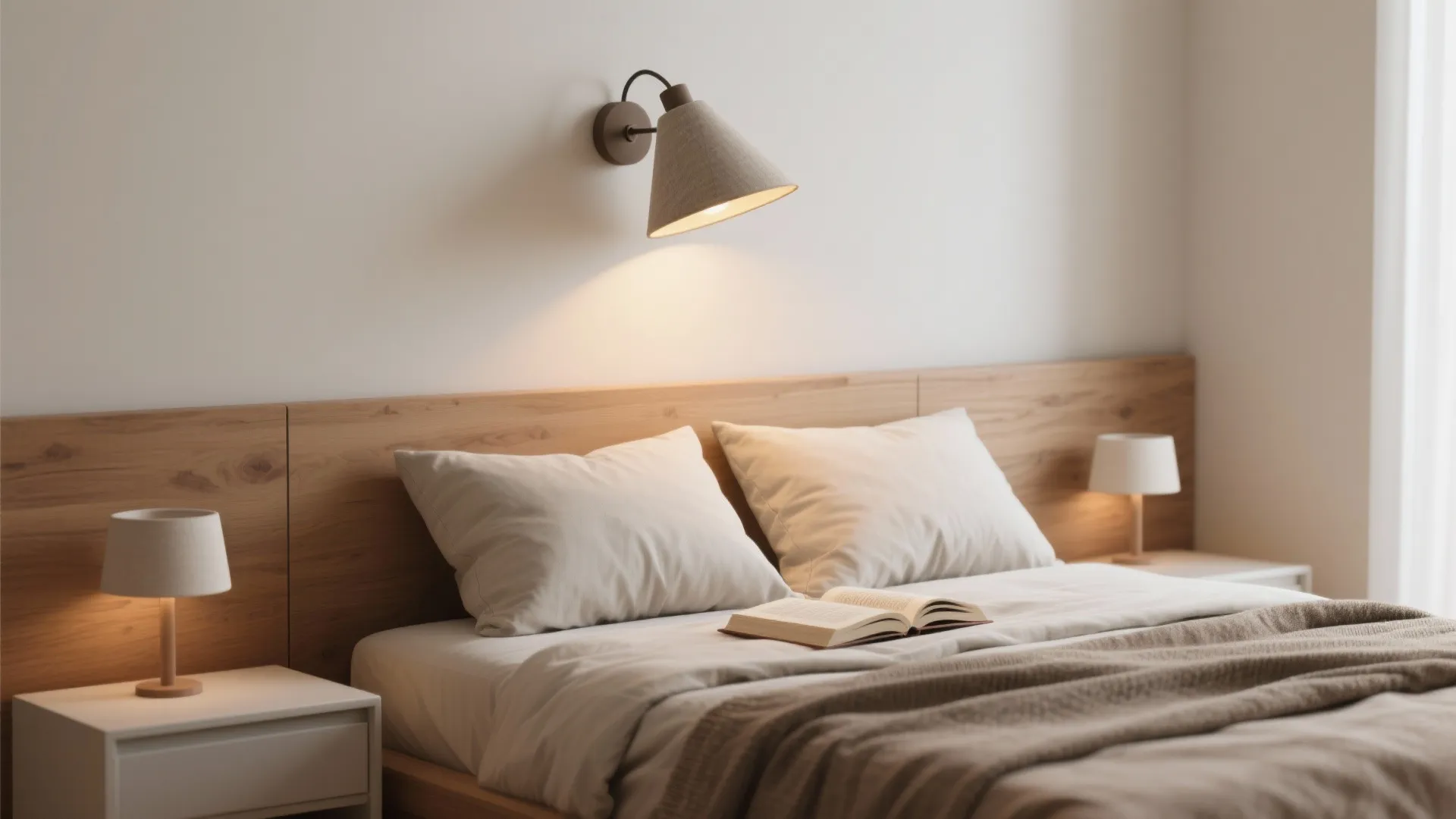 Small bedroom with a single angled fabric sconce above the headboard providing directional reading light and freeing nightstand space.