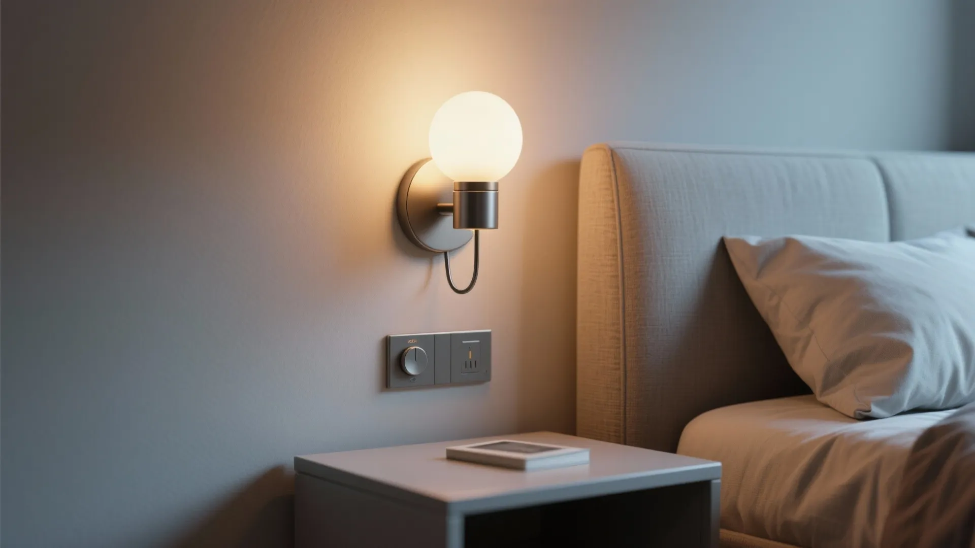 Modern wall light mounted above a grey bed with a dimmer switch on the wall