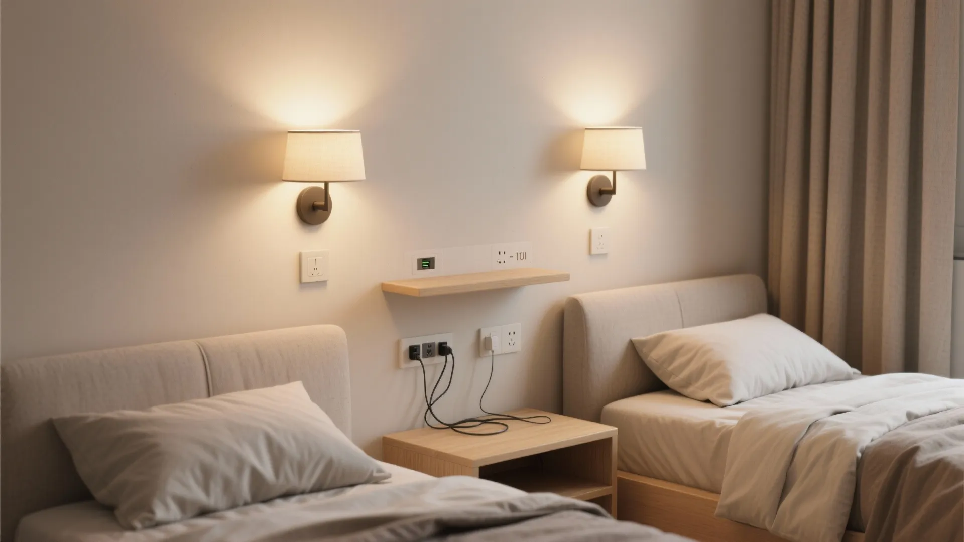 5) Bedside sconces with built-in switches and shelves