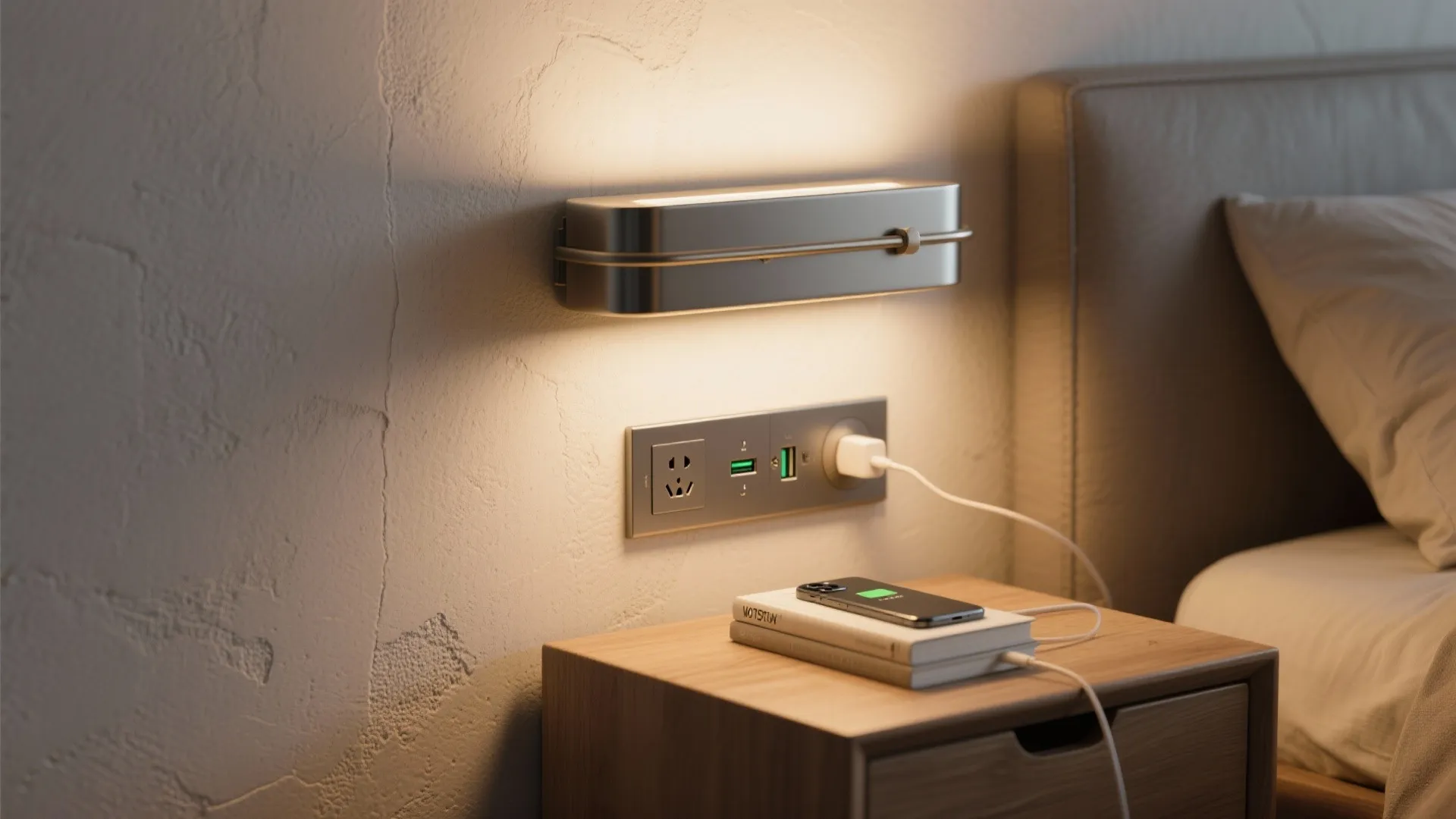 1. Bedside Sconce with Integrated USB and AC Outlet