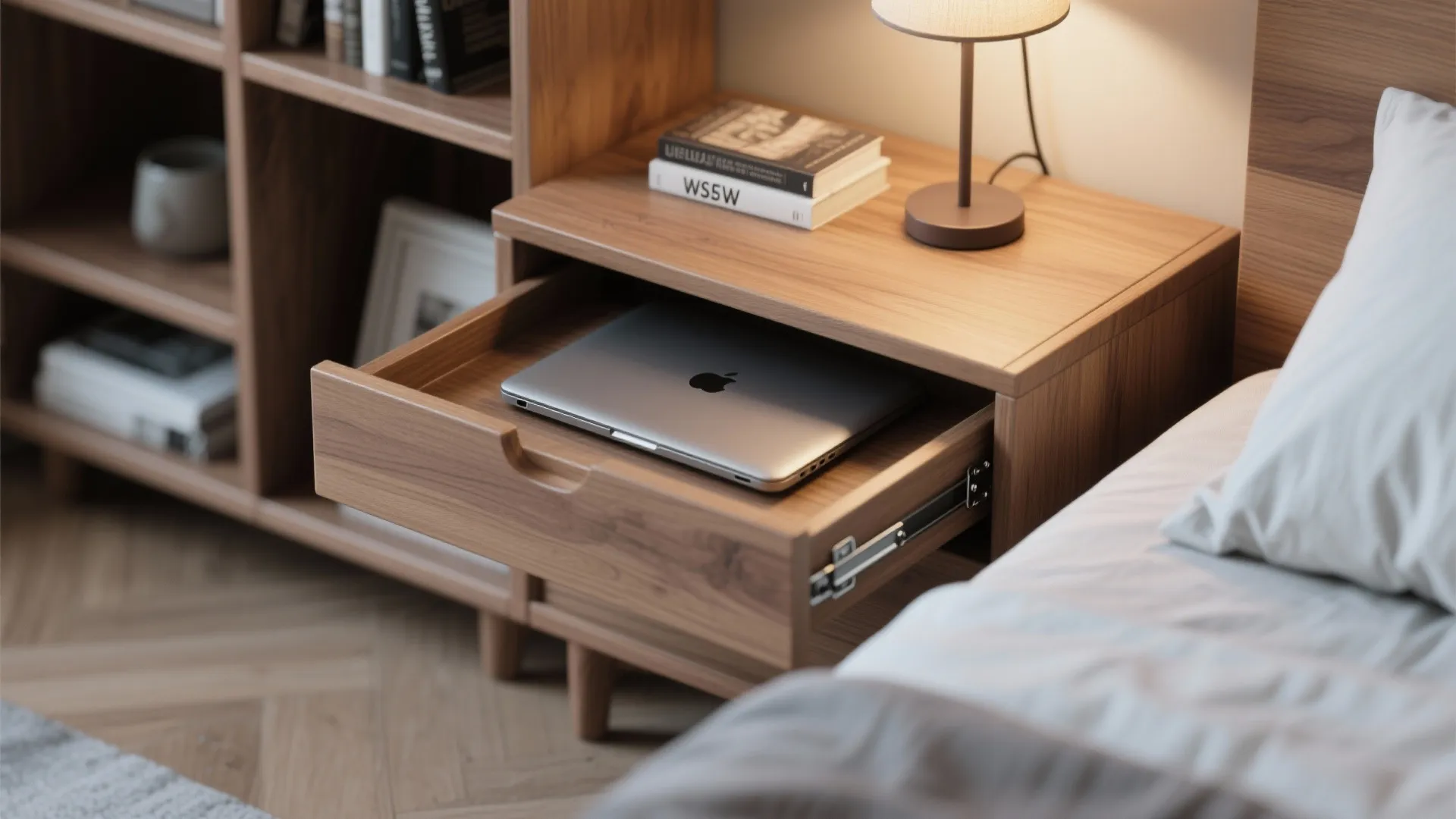 Laptop stored inside an open wooden bedside table drawer next to a bed and lamp
