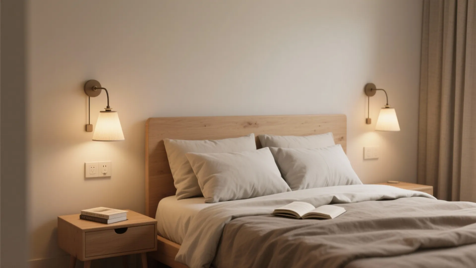 Bedside swing-arm sconces with integrated switches for small bedrooms