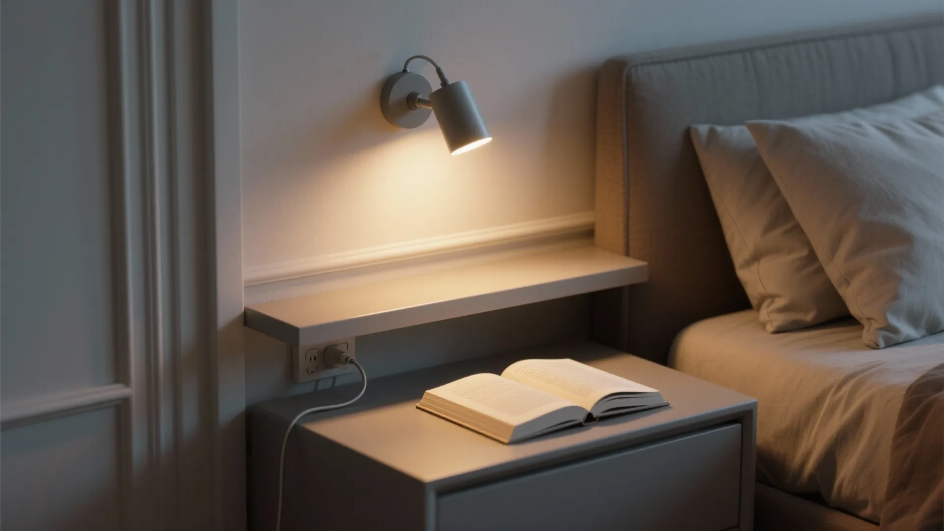 1. Bedside reading nook with swivel plug-in LED
