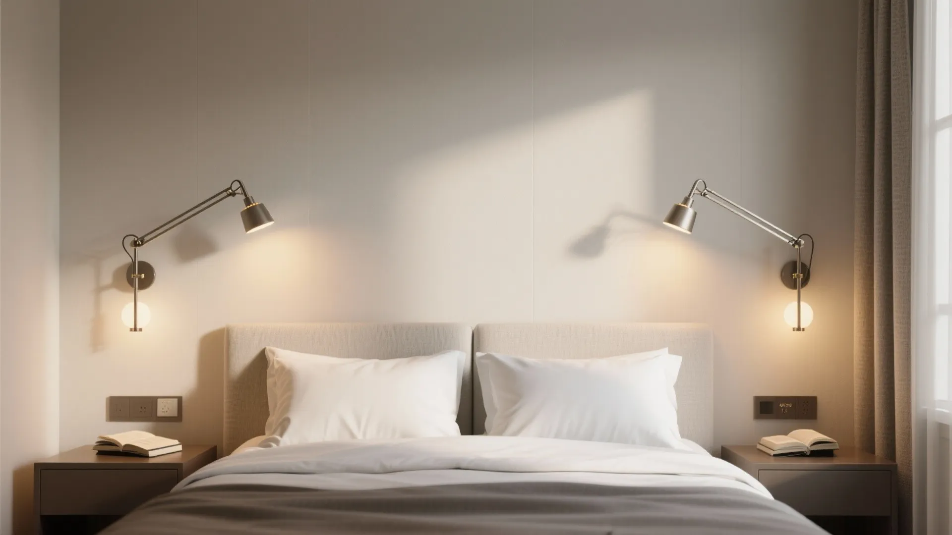 Bedroom with two matching wall bracket pendant lights flanking the bed, adjustable arms and warm reading light.