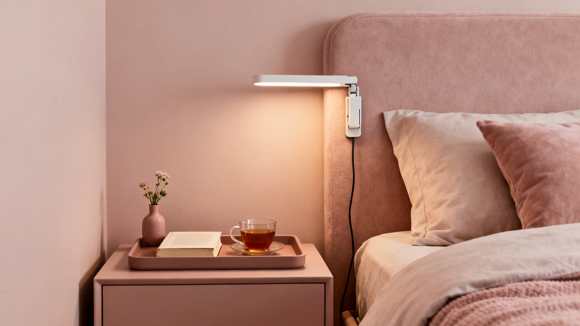 Bedside tray with tea, book, clip light, and bud vase in warm blush tones.