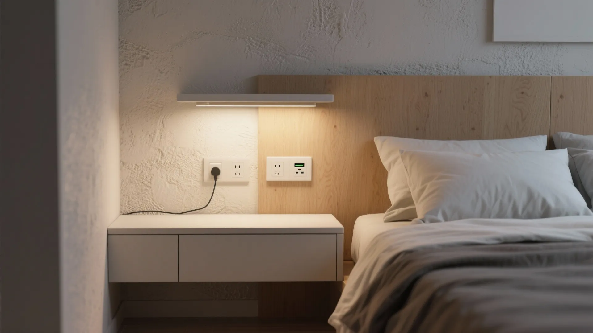 Studio bedroom with a plug-in bedside wall light with built-in USB and plywood backing