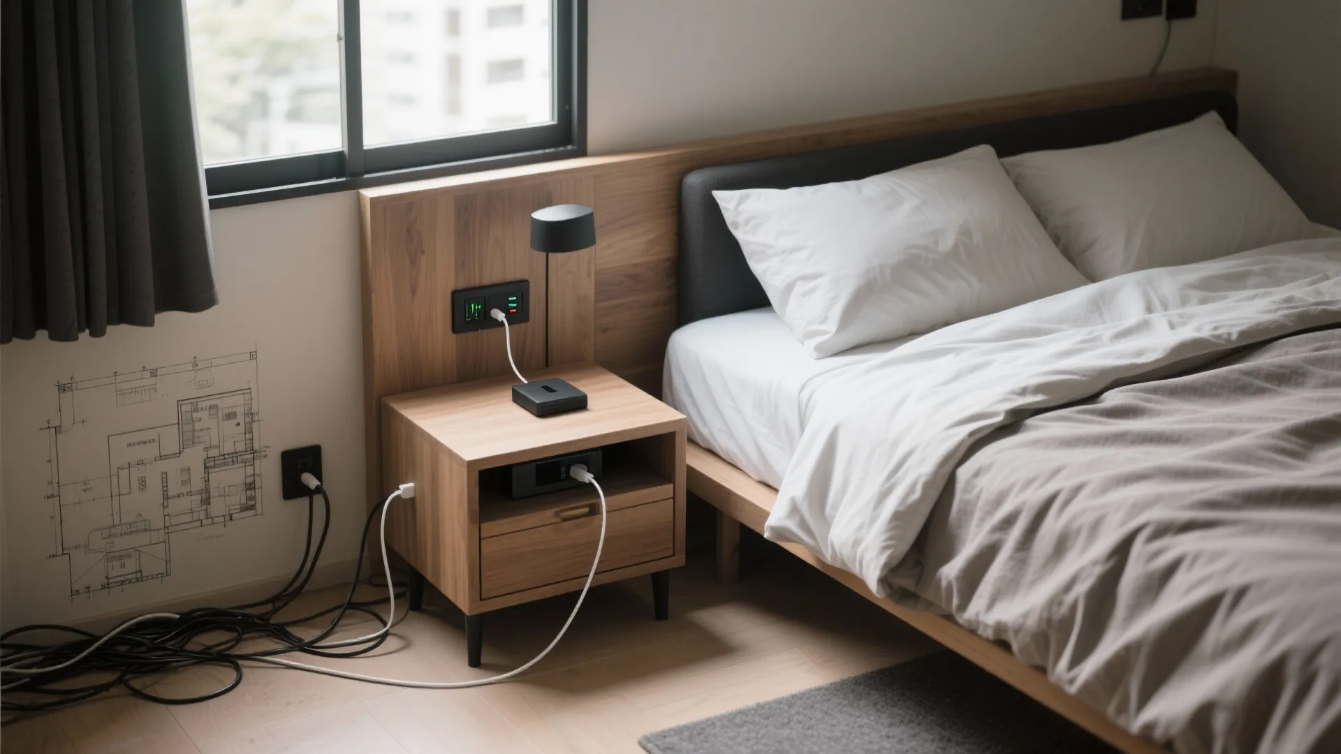 Tips 2: ベッドまわりは「片側に集約＋短ケーブル」で日式の秩序感（収納技巧／日式風格）