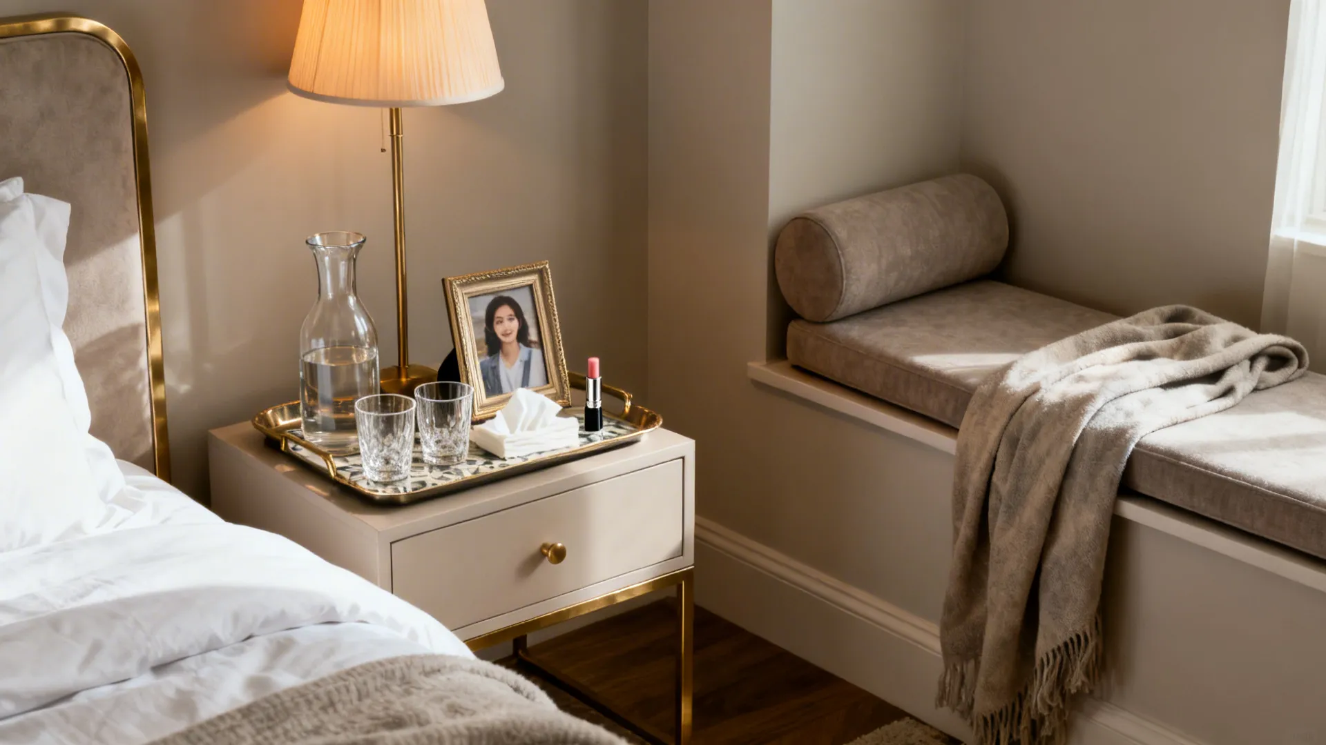 Bedside cabinet with light fixture, photo frame, glass tray and cozy window seat with blanket