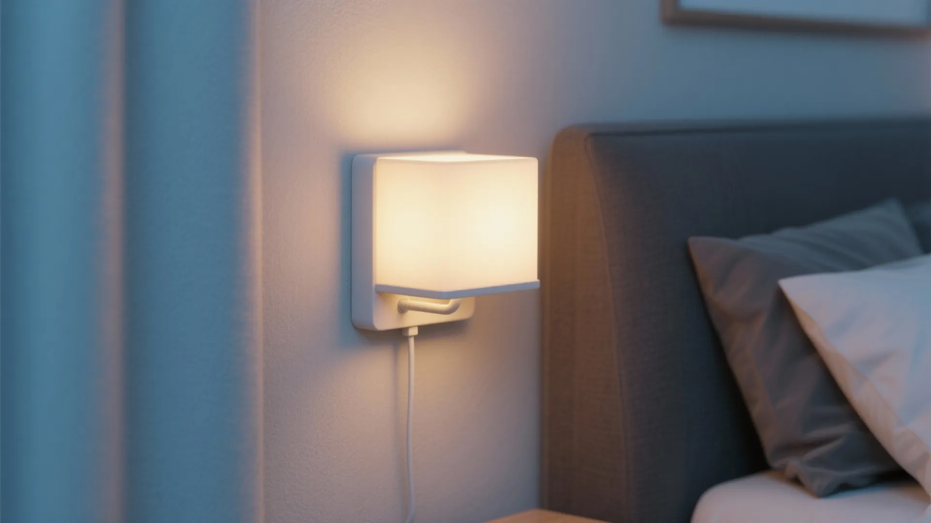 Square white wall light mounted near grey bed headboard providing warm glow in cozy bedroom