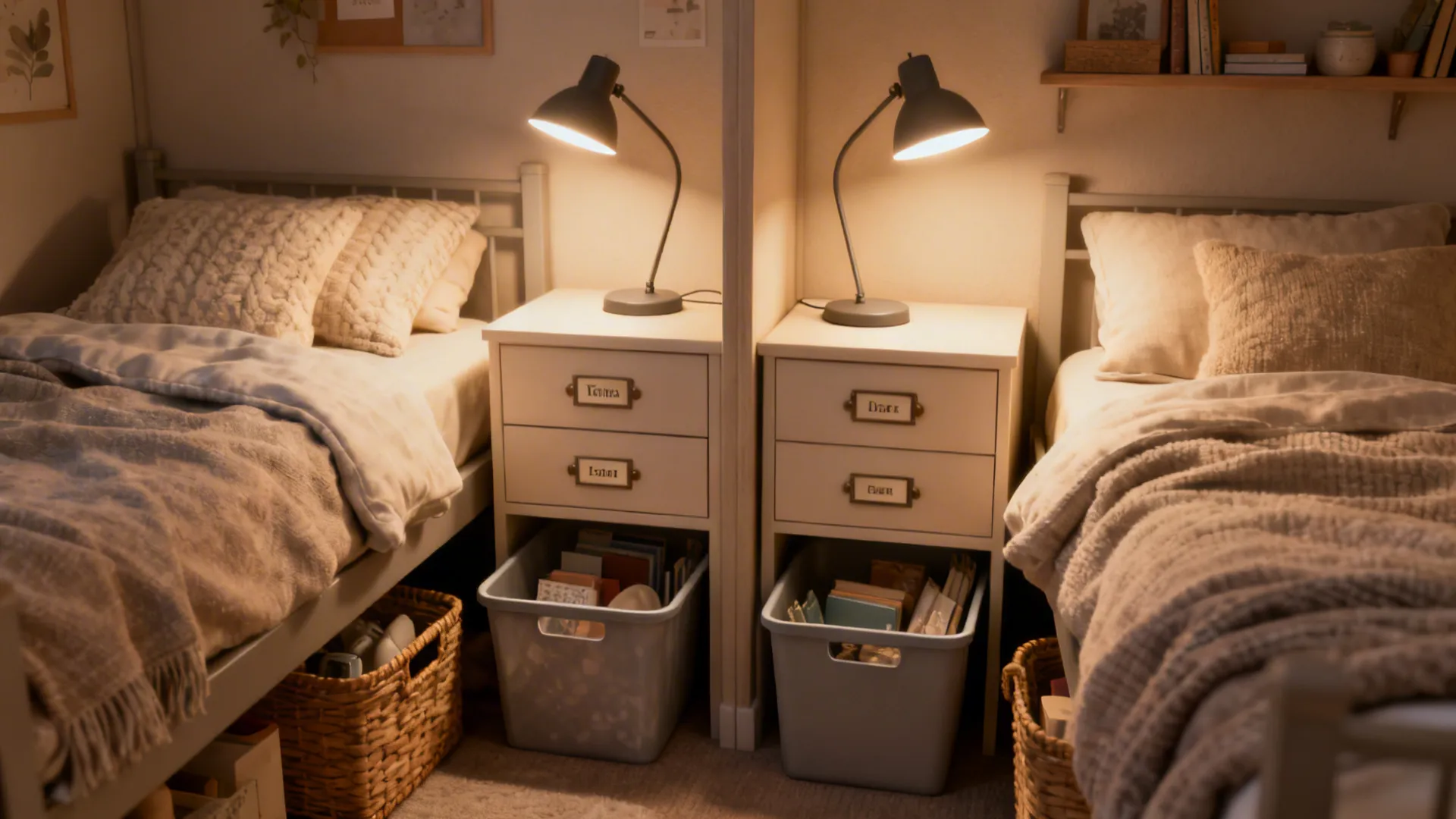 Two individual bedside areas with lamps and labeled storage demonstrating personal zones.