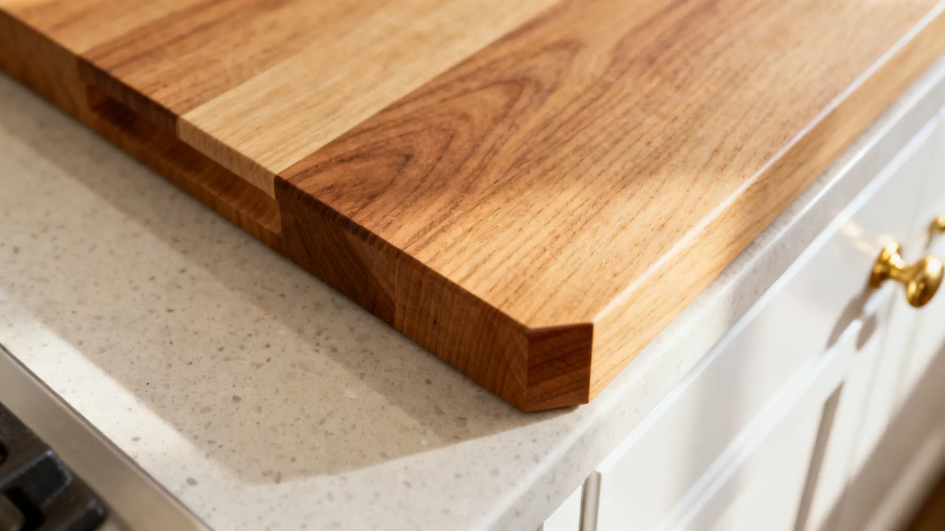 Macro of sealed beech chopping block edge resting on a light quartz countertop.
