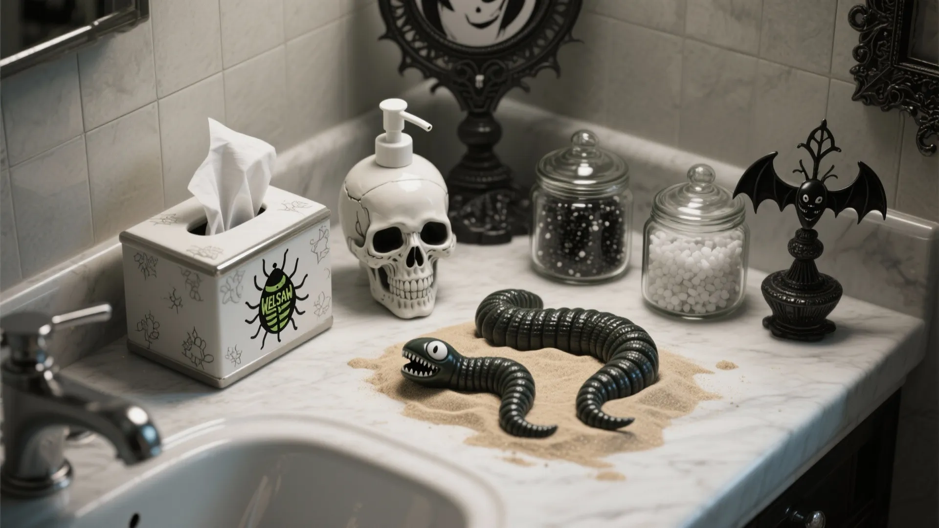 Bathroom counter with skull soap dispenser, worm toy on sand, tissue box, and spooky glass jars