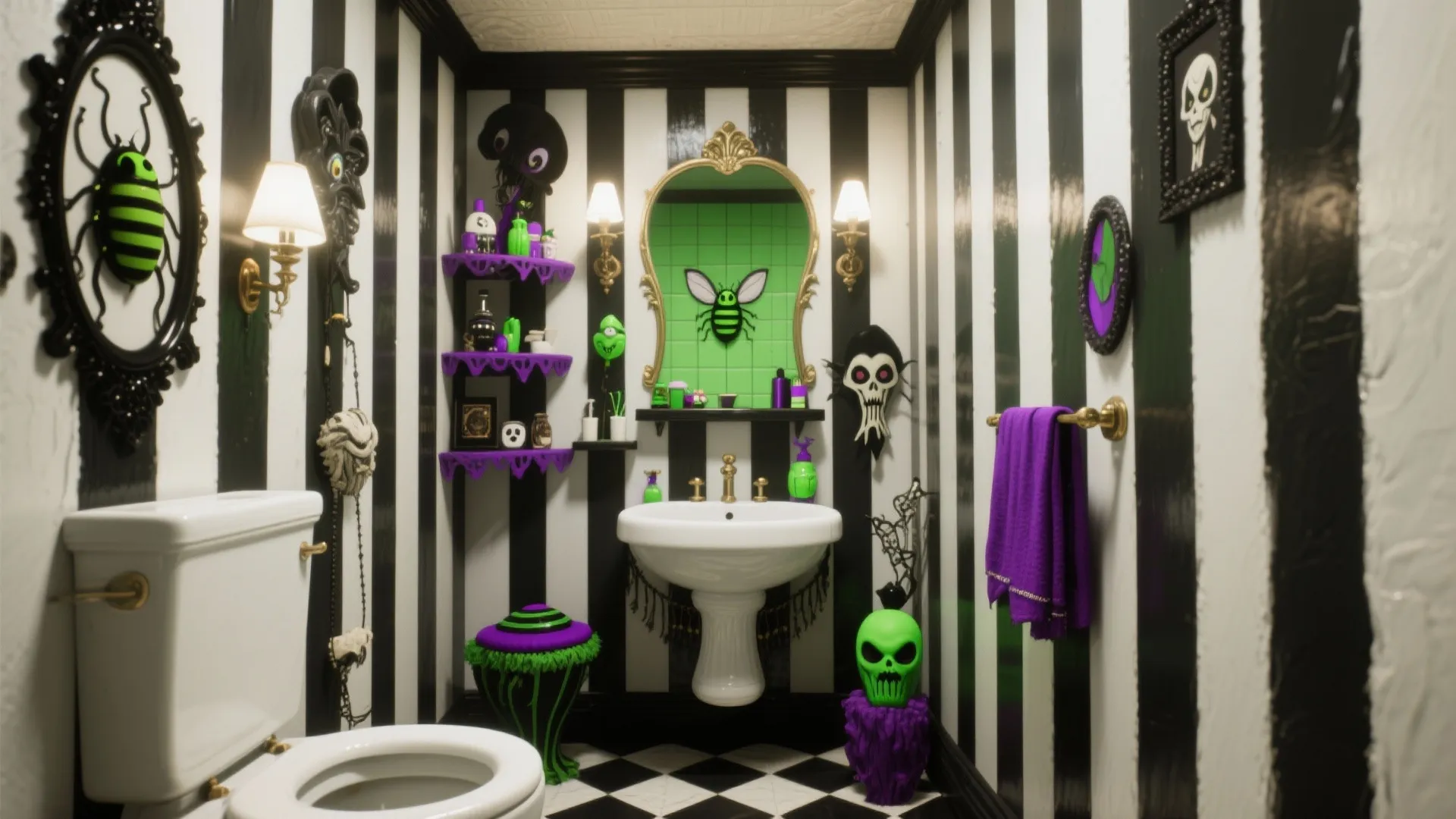 Themed bathroom with striped walls, green skull decor, purple towels, and green sink tile area