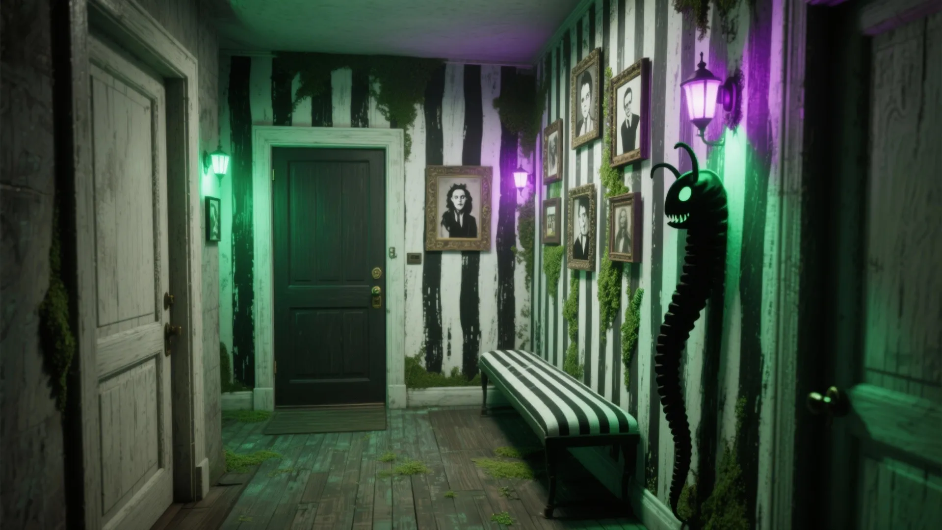 Interior design drawing of hallway with striped walls, green moss, framed photos, and wall lights
