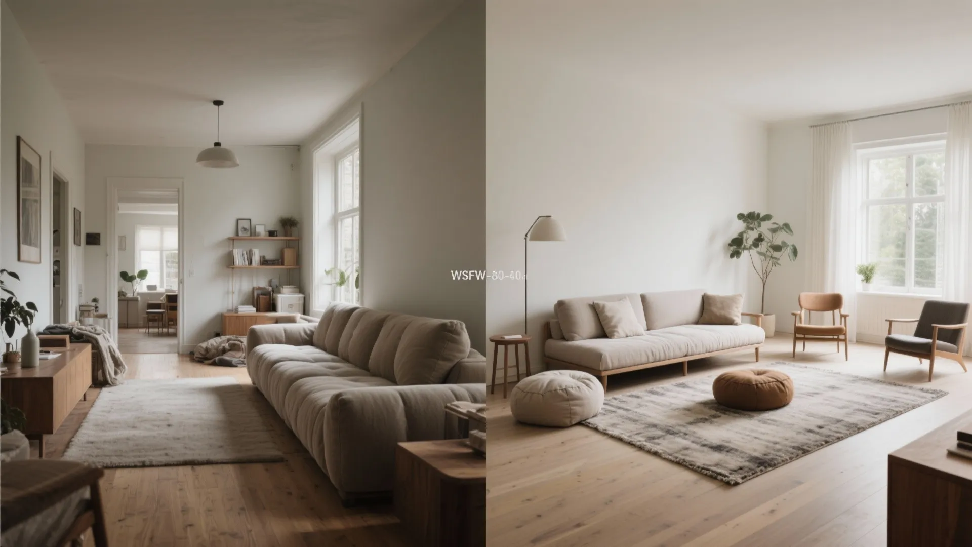 Before and after comparison of a living room layout showing updated furniture and floor space