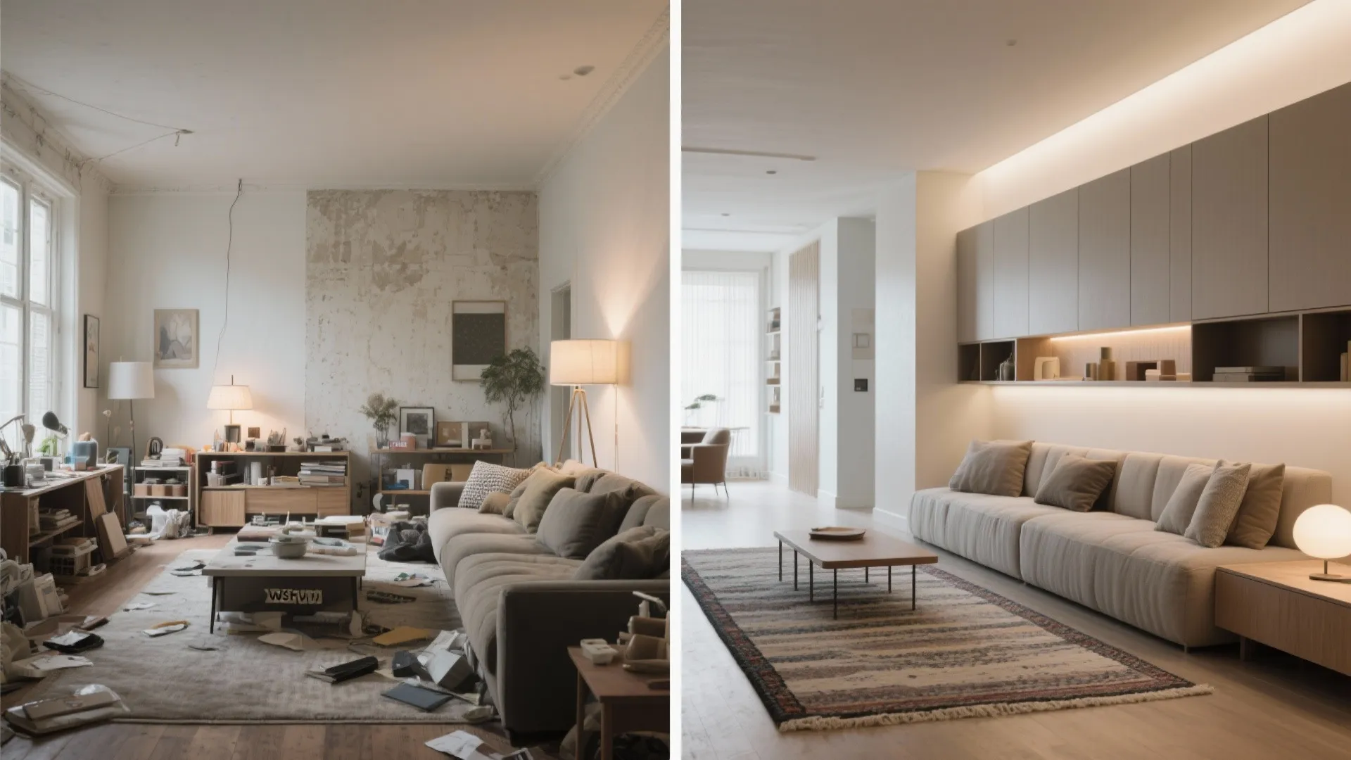 Before and after comparison of a messy cluttered living room versus a clean minimalist design