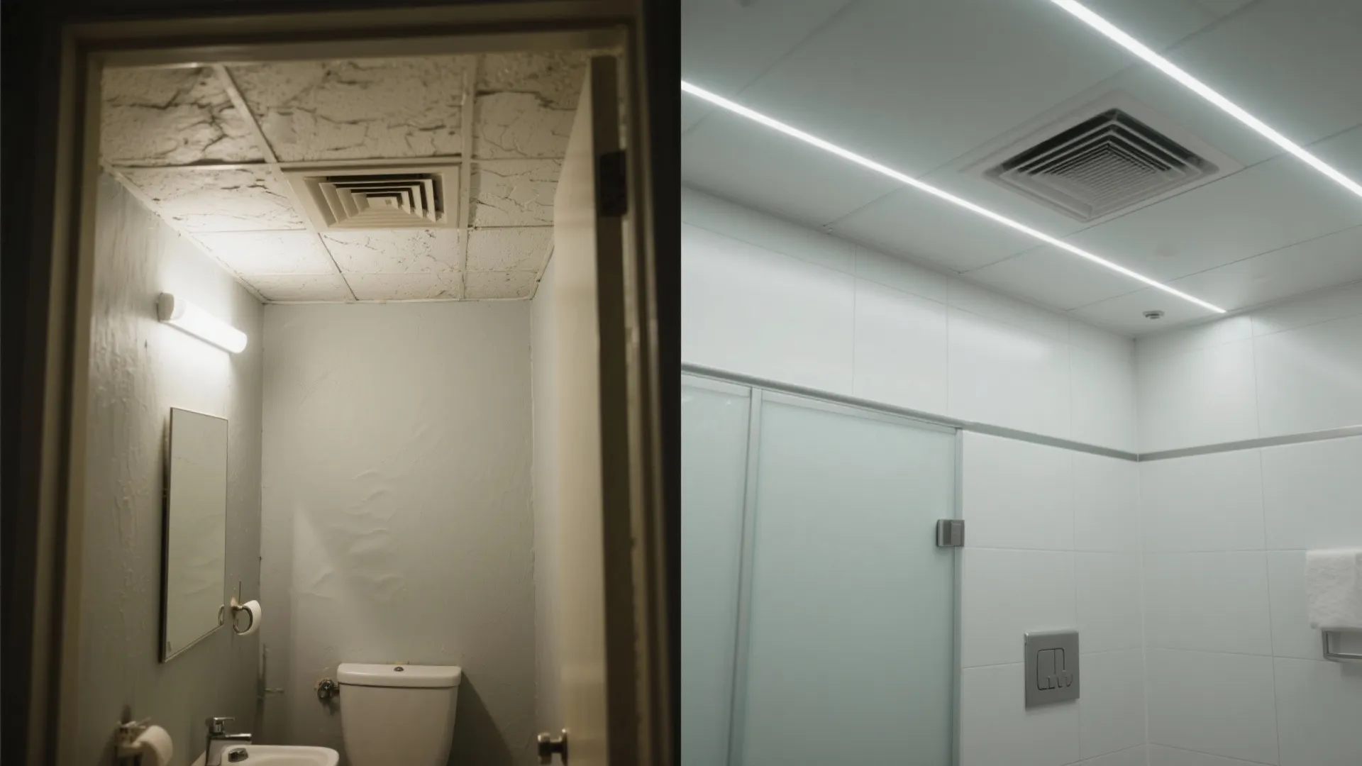 Before and after comparison of an old bathroom versus a bright modern white tile bathroom