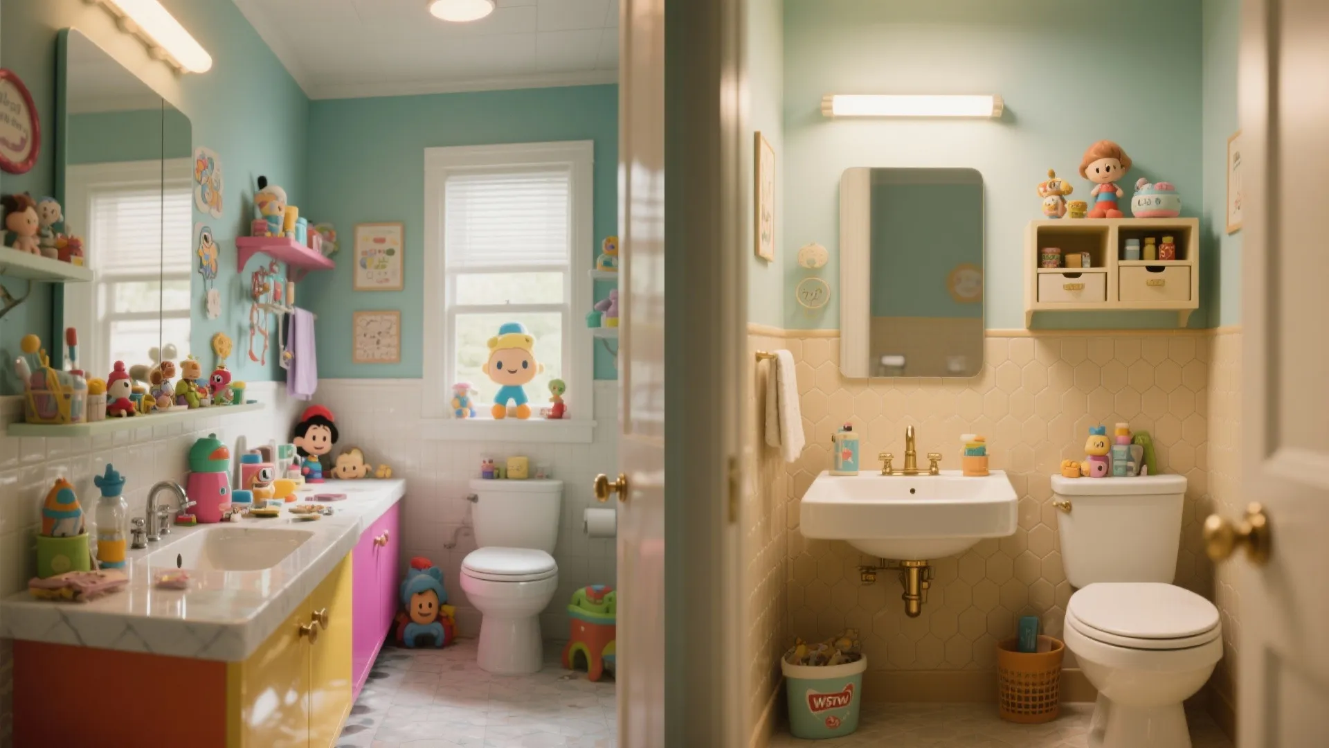 Before and after comparison of a messy colorful bathroom versus a clean organized minimalist bathroom