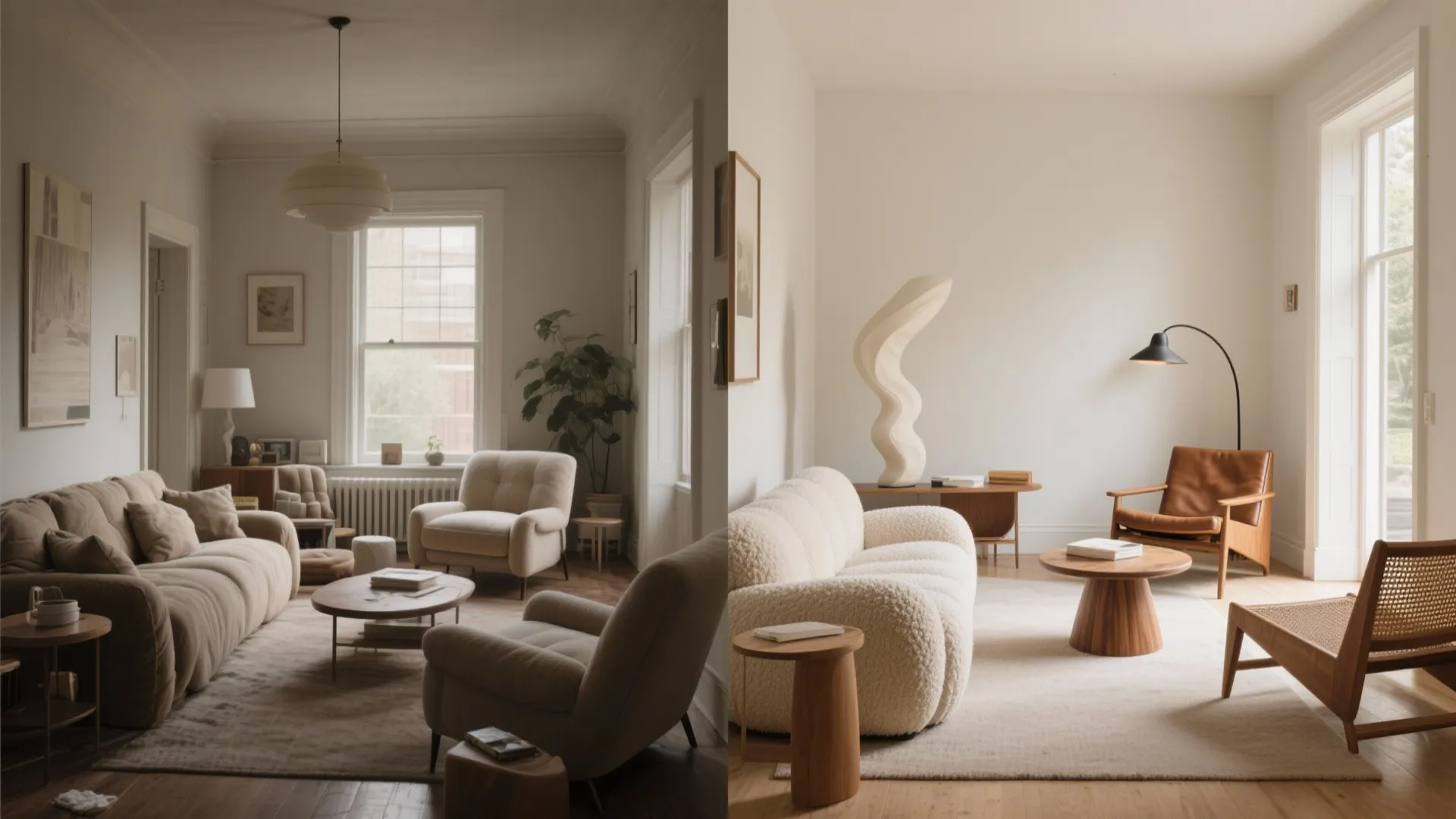 Side by side comparison showing a traditional living room transformed into a bright minimalist modern space