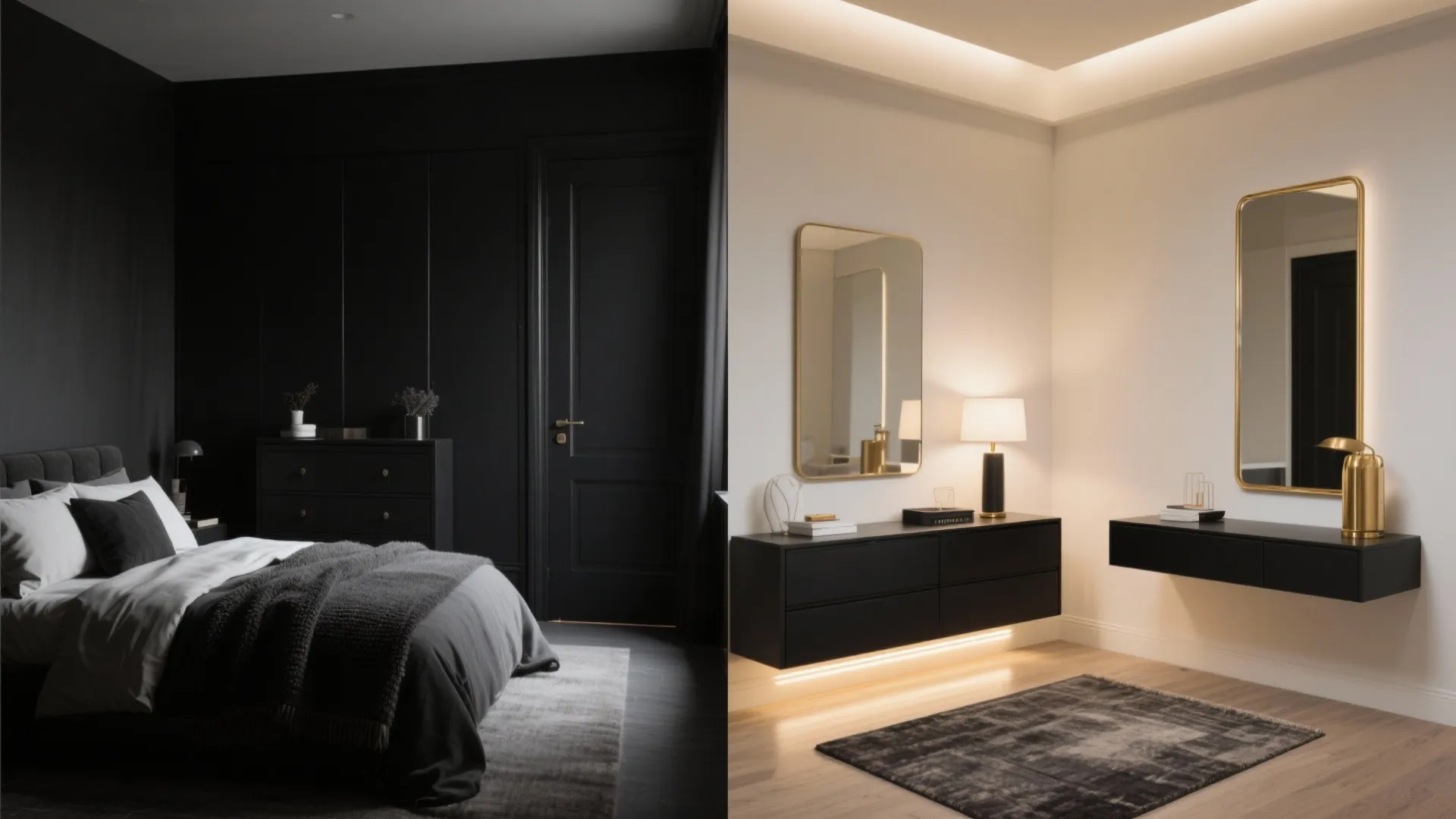 Side by side comparison of dark bedroom versus bright room with floating cabinets gold mirrors