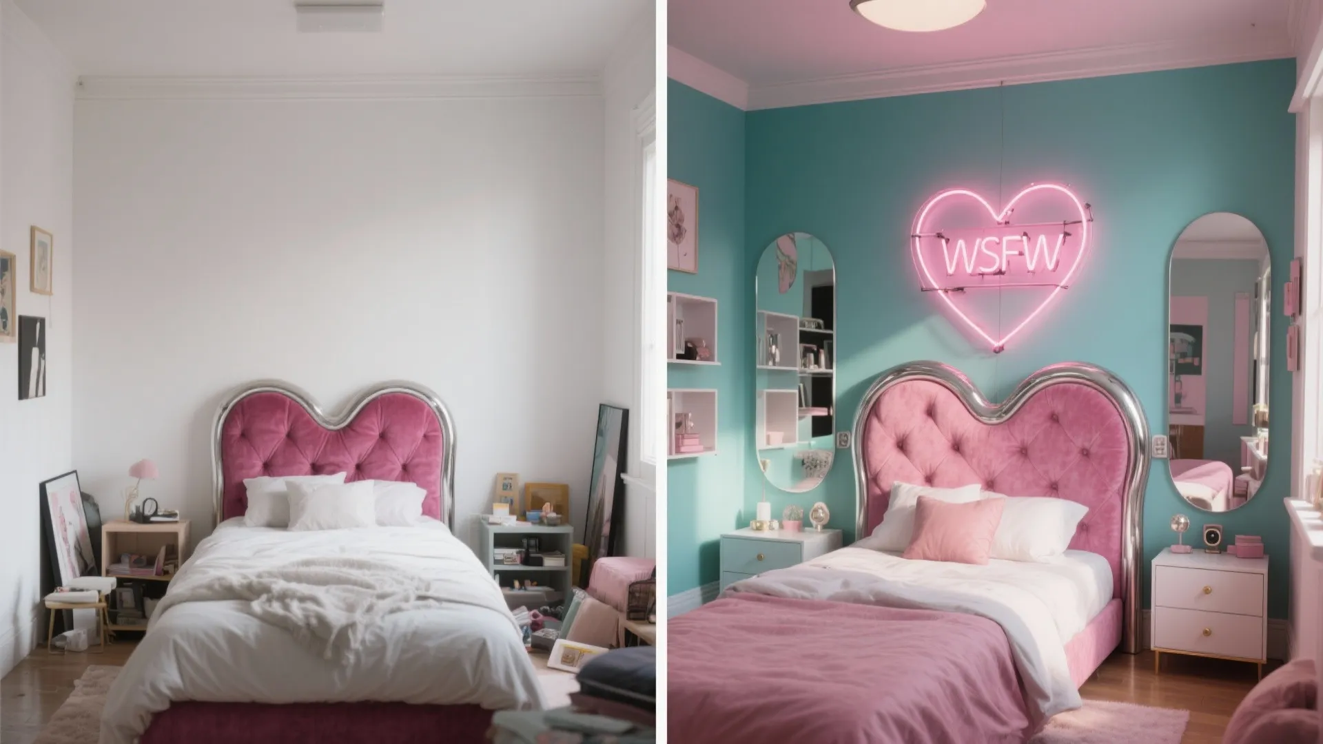 Before-and-after small bedroom: from cluttered white to cohesive hot pink, chrome, and neon glam.