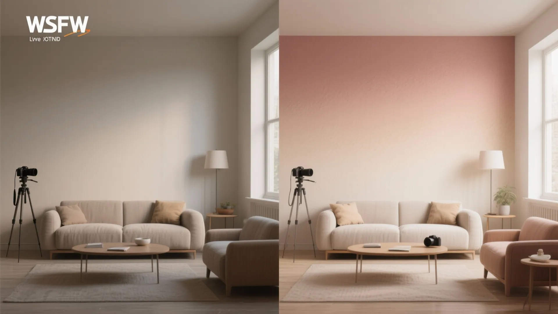 Before and after comparison showing a plain living room transformed with a colorful gradient wall