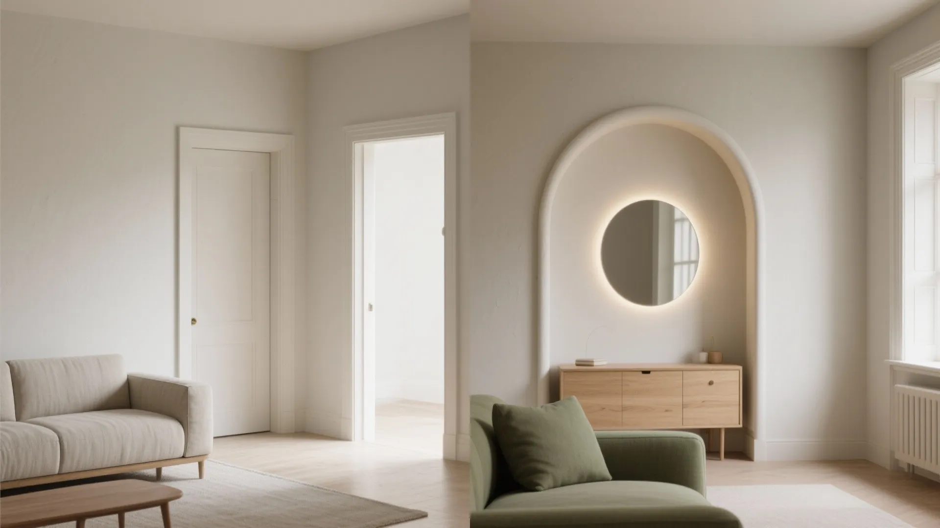 Before and after interior design comparison showing a plain room transformed with arched wall niche