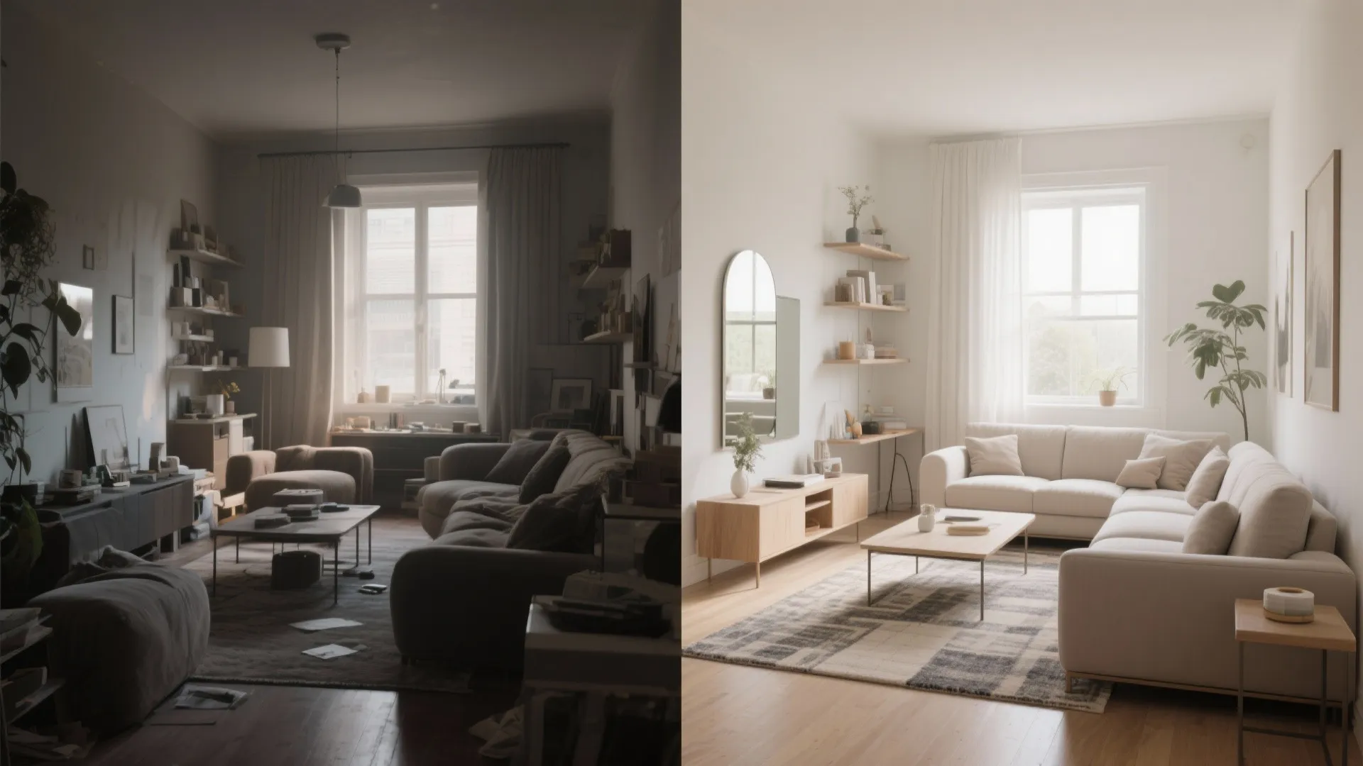 Before and after comparison of messy dark living room versus bright clean modern interior design