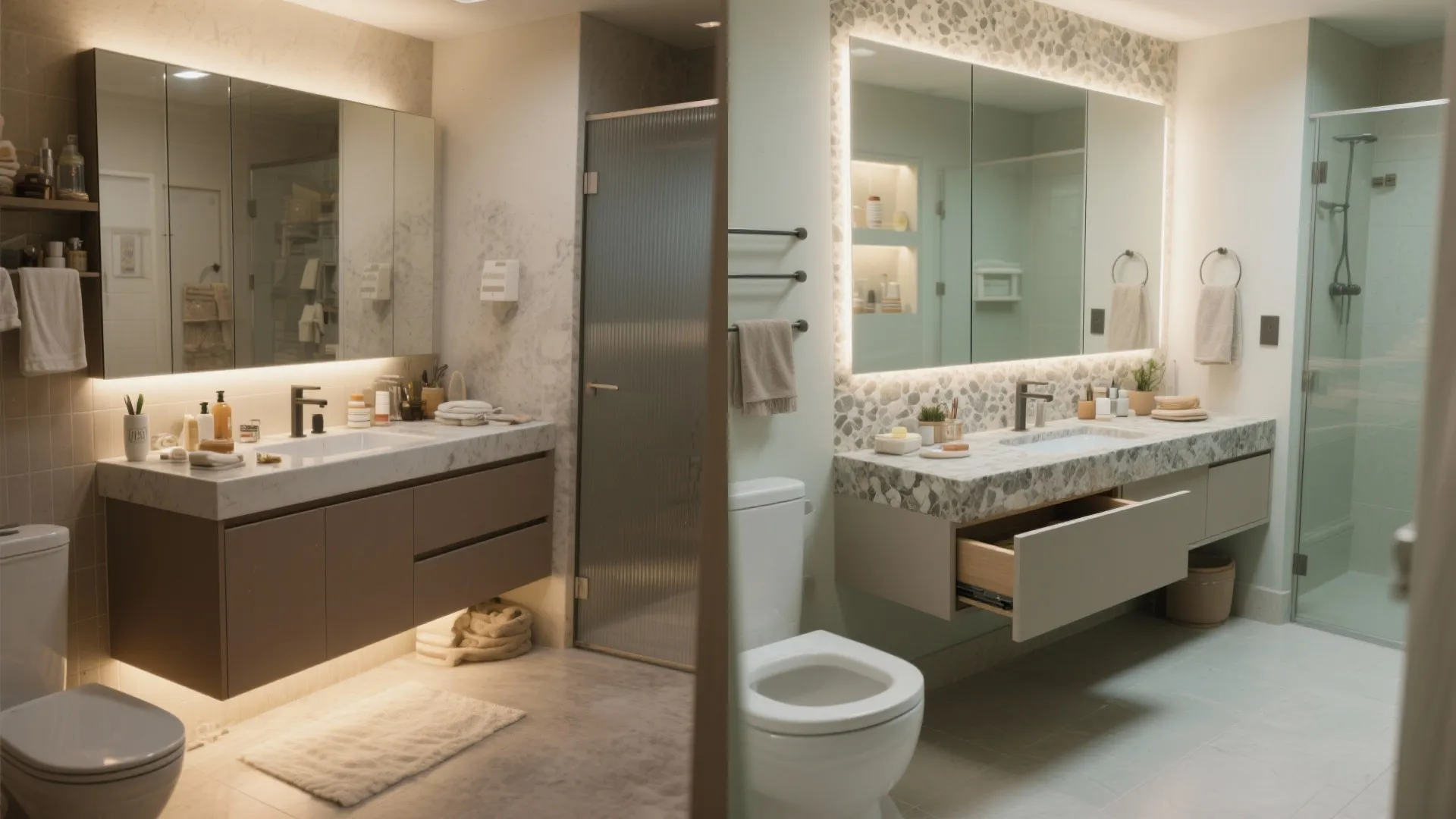 Before and after comparison of two modern bathroom designs featuring different floating cabinets and wall mirrors