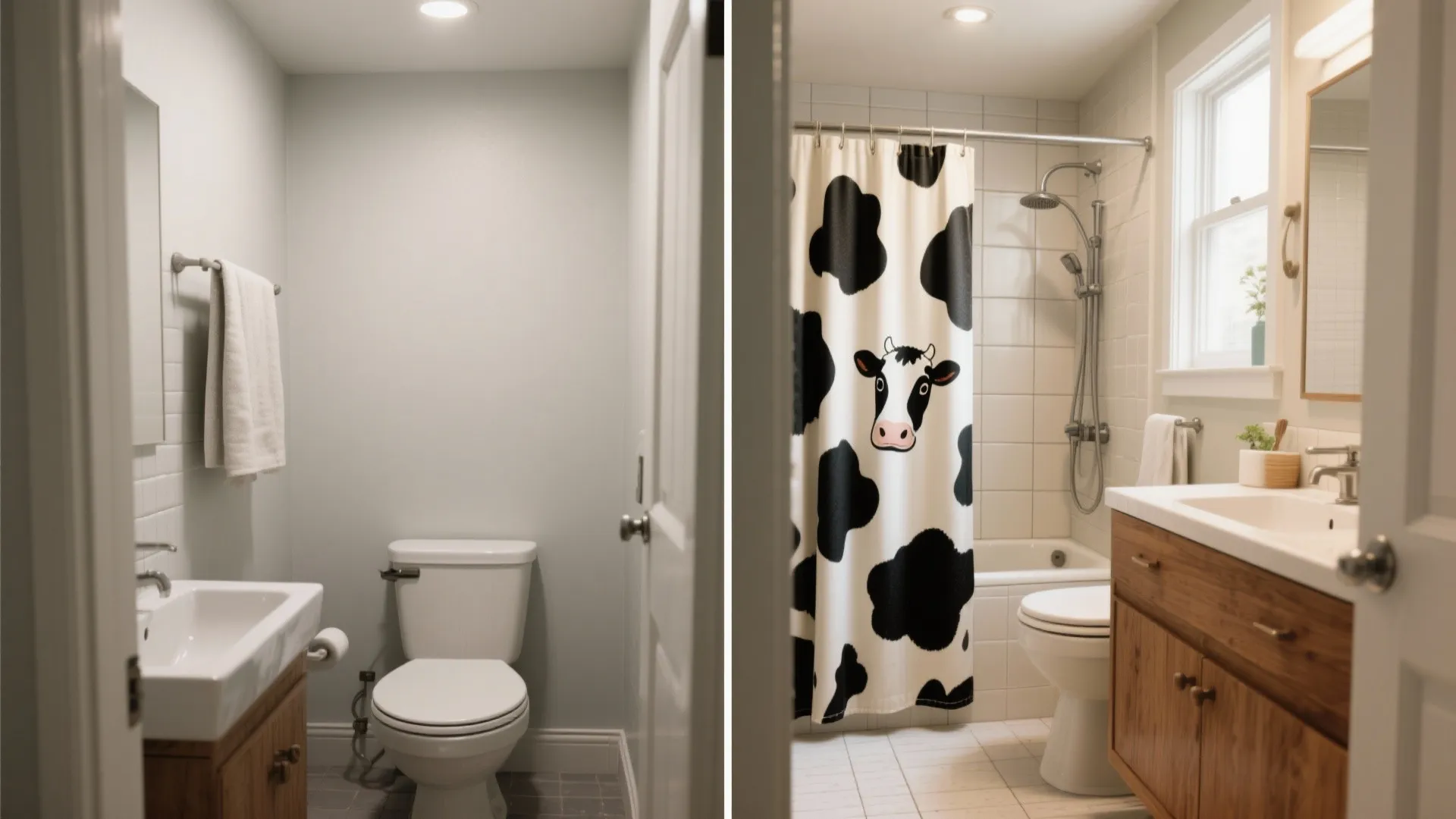 Before and after bathroom remodel showing a simple white room changed to a cow theme