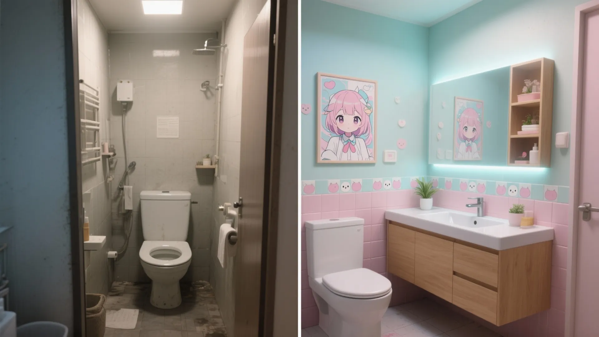 Side-by-side before and after of a small bathroom showing a neutral original and an anime-inspired transformed space with pastels and wood.