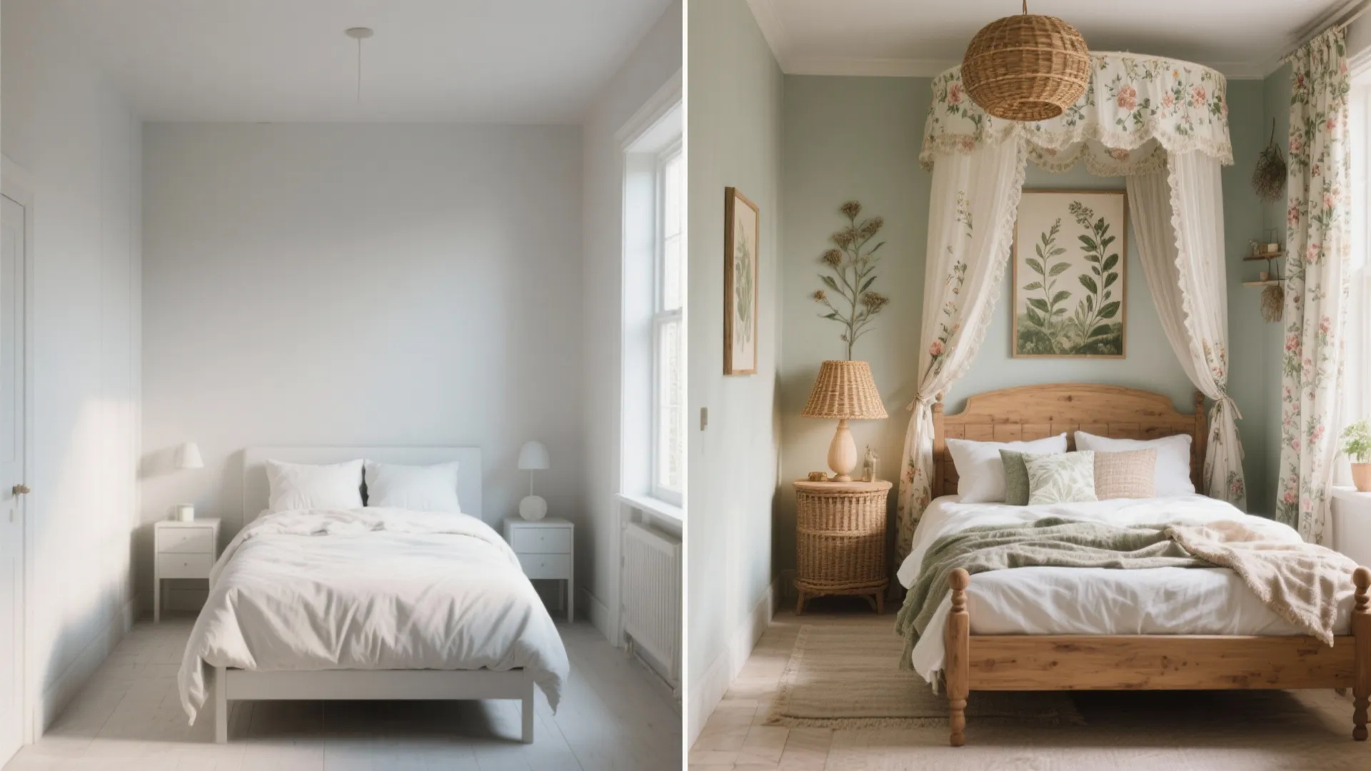 Split before-and-after of a small bedroom converted from minimal modern to cottagecore with warm wood and textiles.