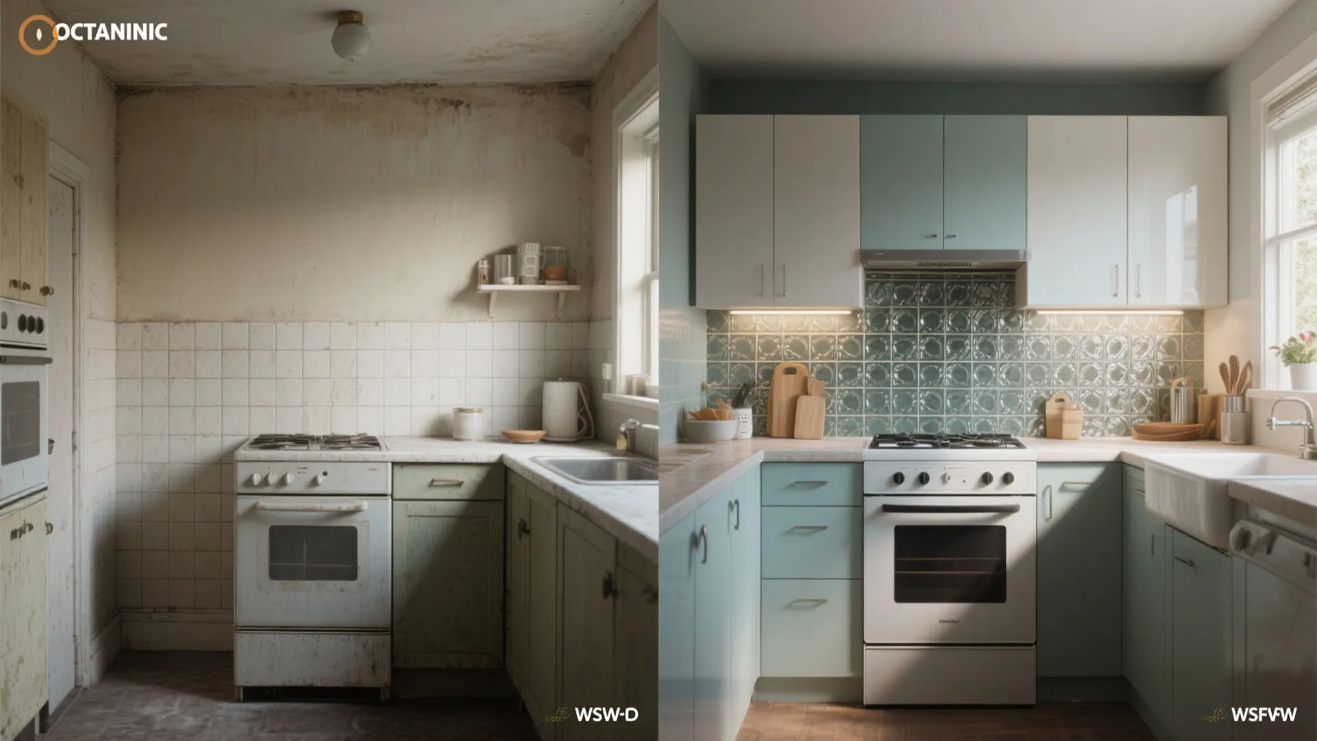 Before and after comparison of old kitchen remodel into modern space with light blue cabinets