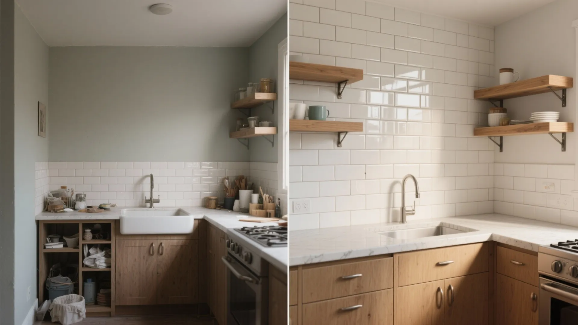 Before-and-after view of a small kitchen transformed with a subway tile backsplash and wood shelves.