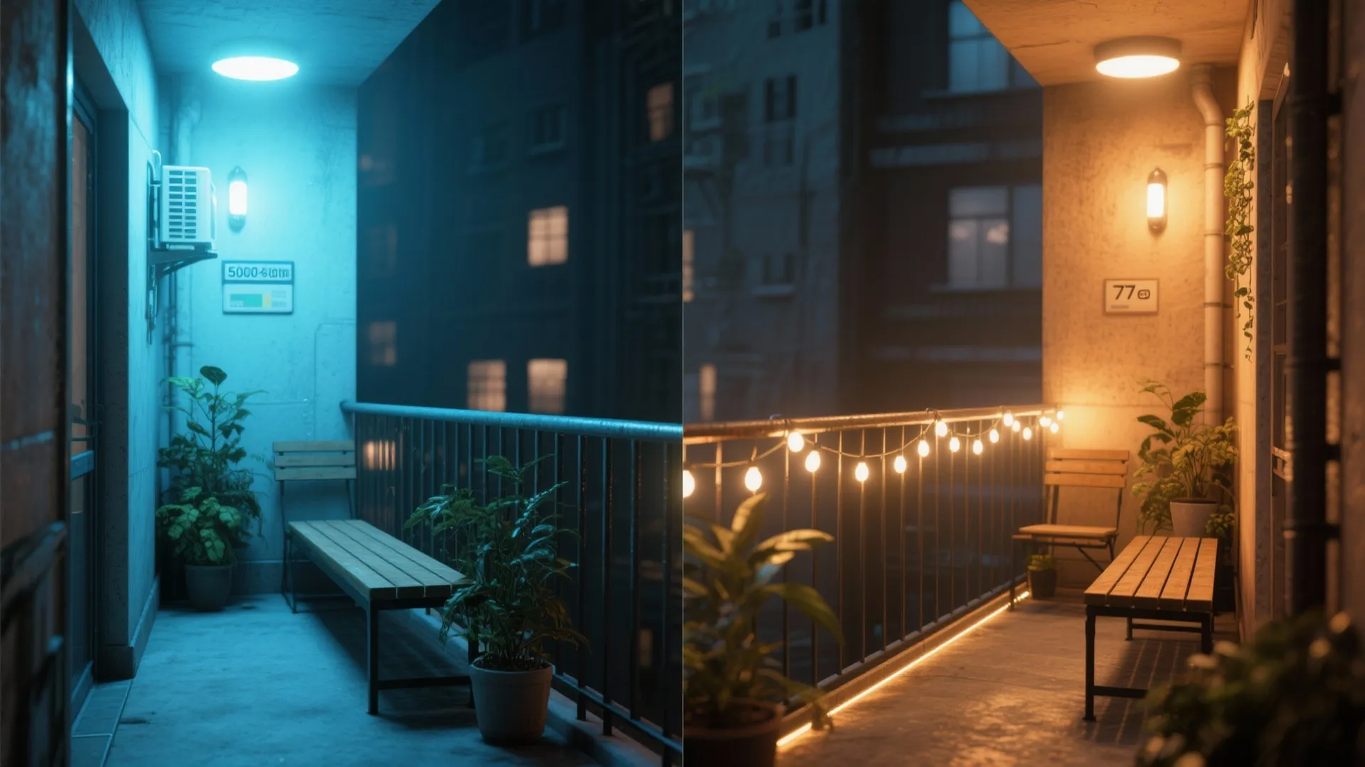 Balcony lighting comparison between cool blue light and warm yellow string lights with wooden bench