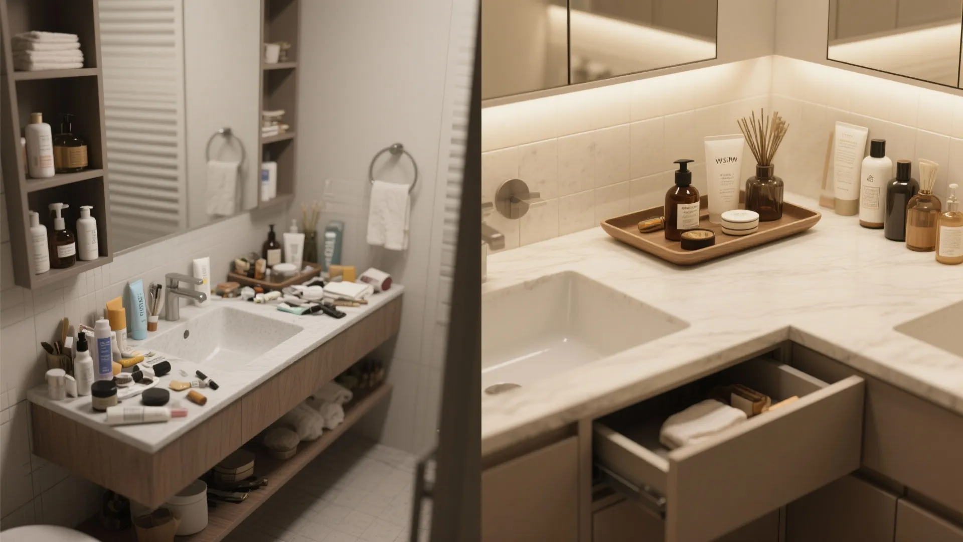 Before and after comparison showing a messy bathroom sink versus a clean organized counter layout