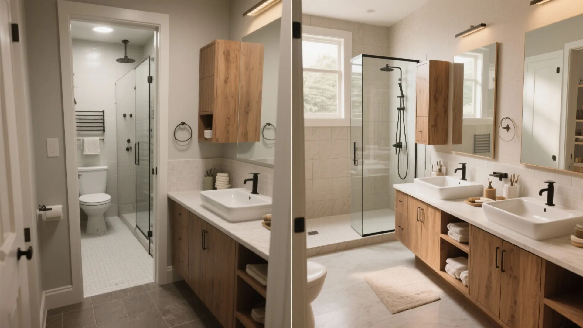 Before and after comparison of a bathroom remodel showing updated vanity cabinets and glass shower doors