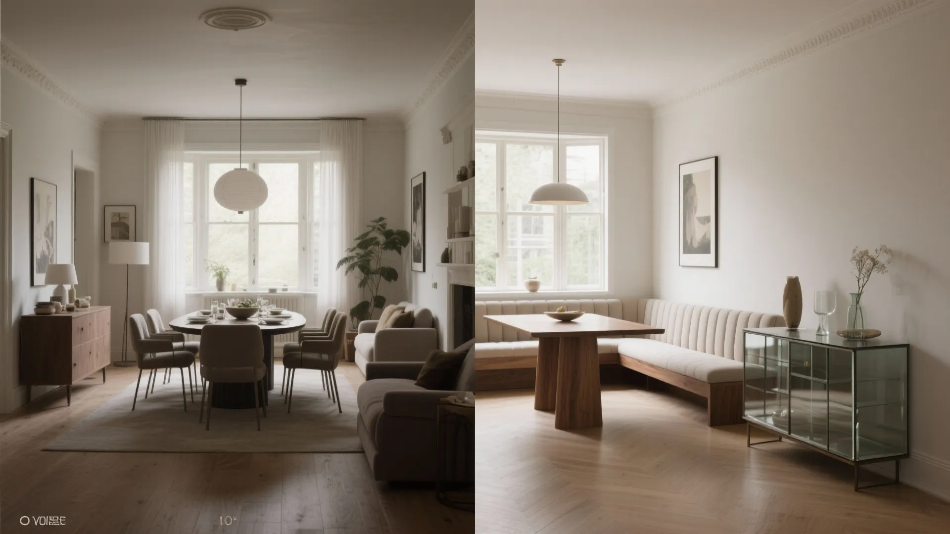 Before and after comparison of dining room showing different table styles and a glass cabinet