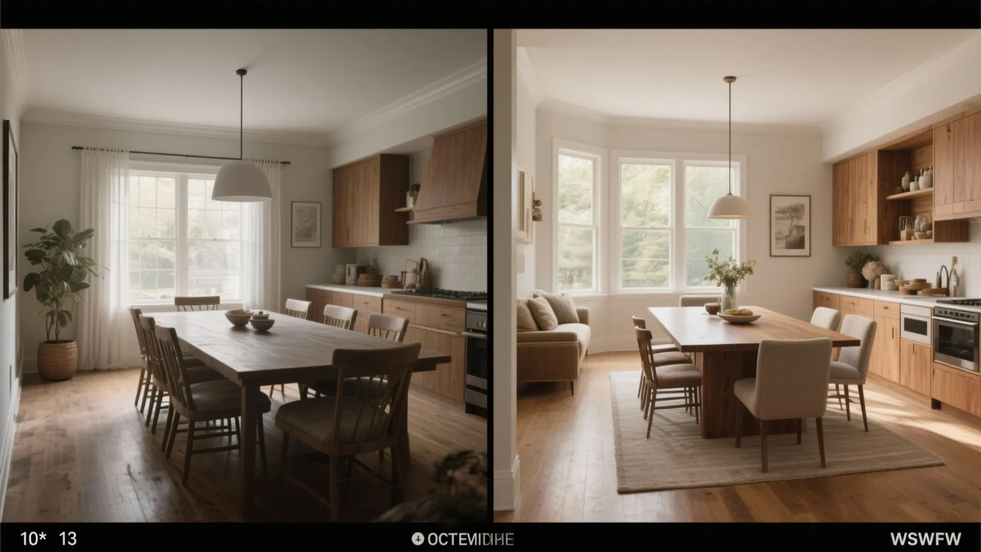 Comparison showing two different kitchen and dining room layouts with wooden cabinets and wooden tables