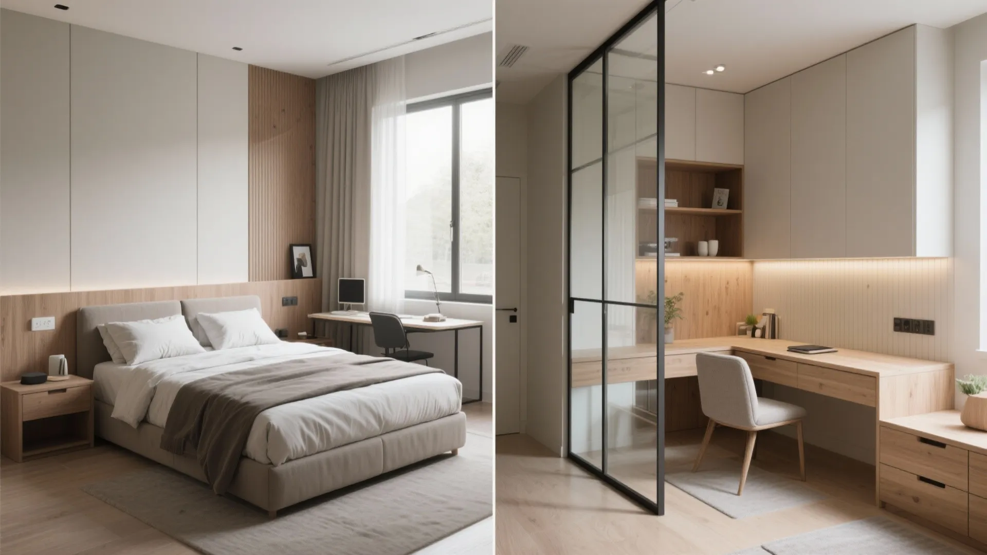 Modern bedroom with wooden wall paneling and a workspace separated by a glass sliding door