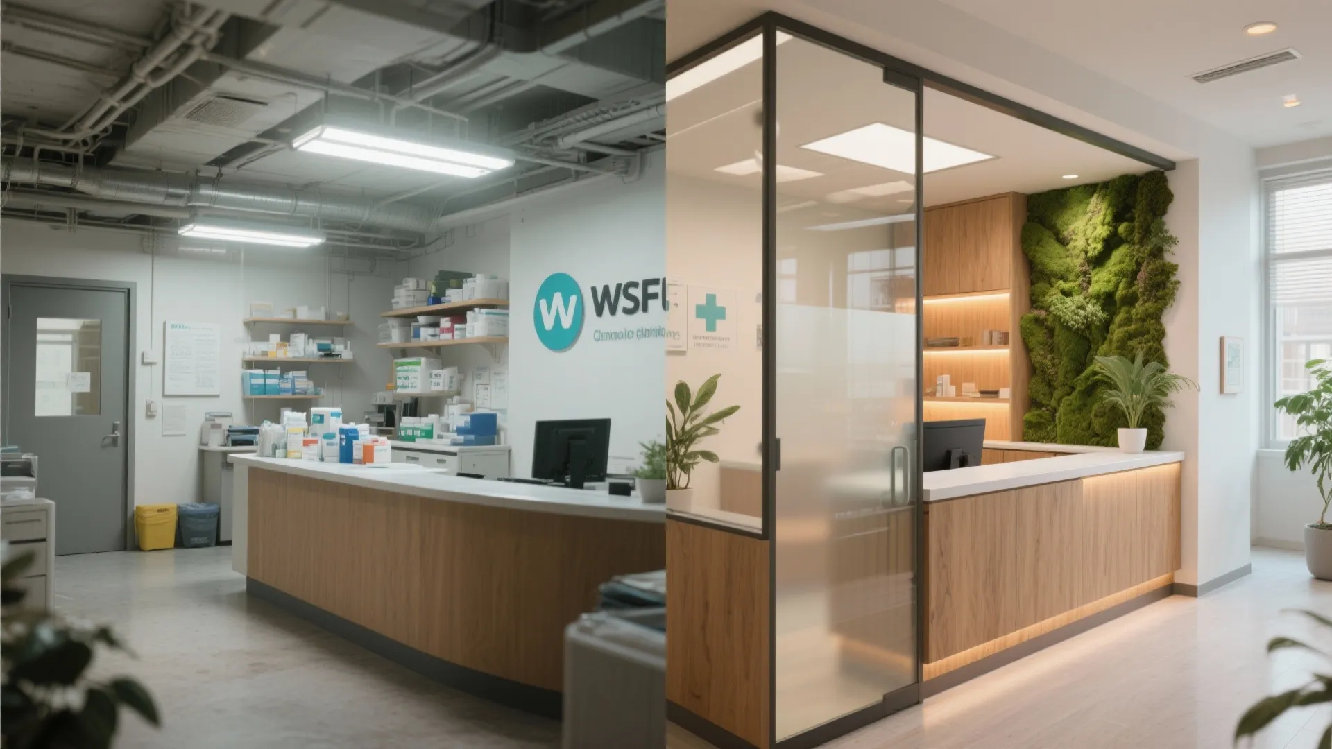 Before-and-after comparison showing sterile reception vs. warm, streamlined clinic reception with biophilic elements