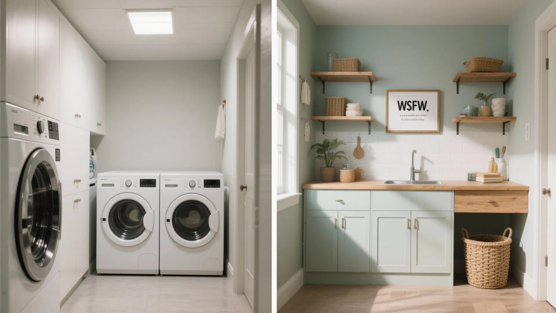 Split-screen before and after of a laundry corner showing the visual impact of a well-placed sign and styling.