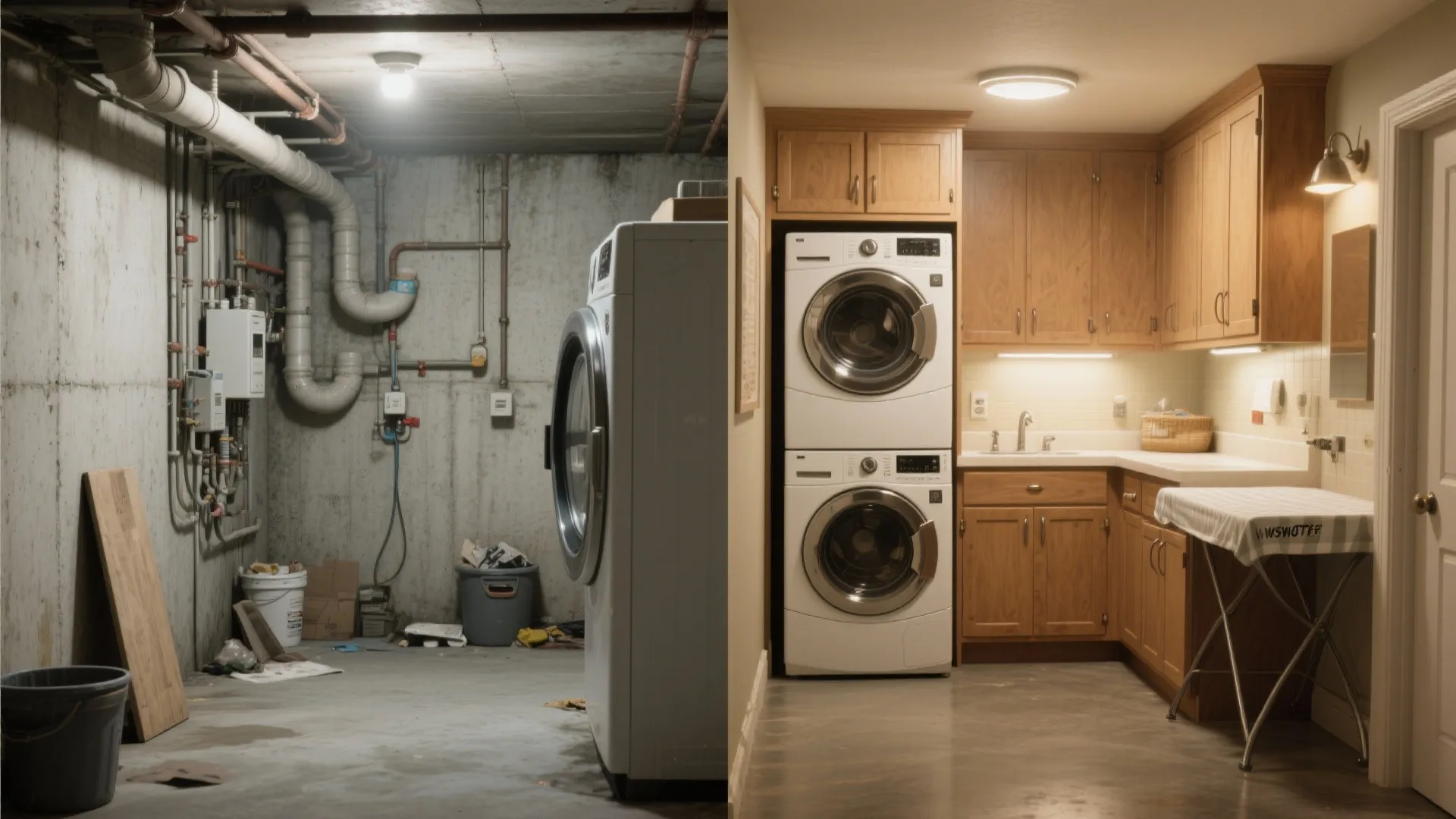 Before and after comparison of an unfinished concrete basement versus a finished wooden laundry room