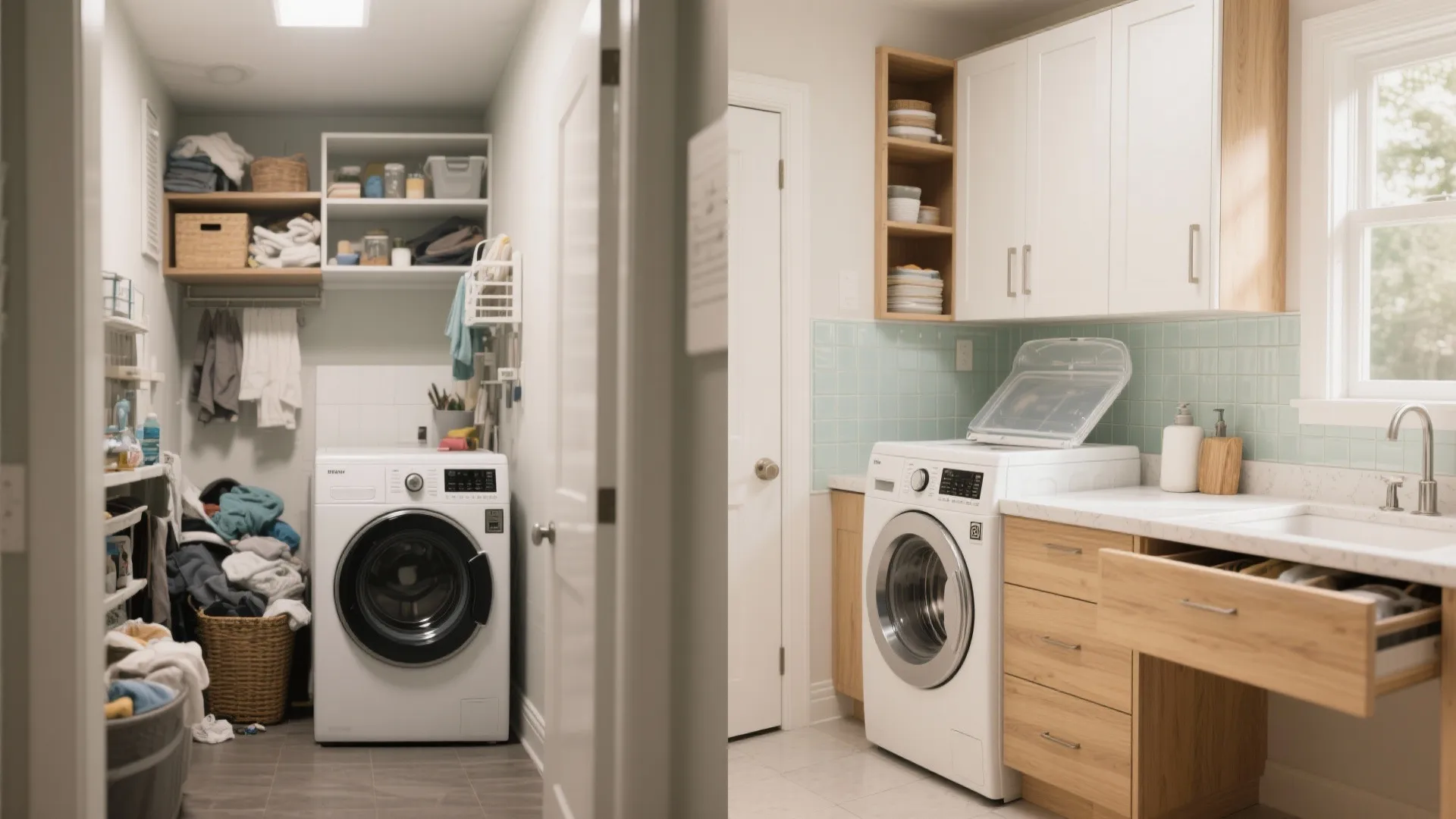 Side by side comparison of a messy laundry room versus an organized modern laundry space