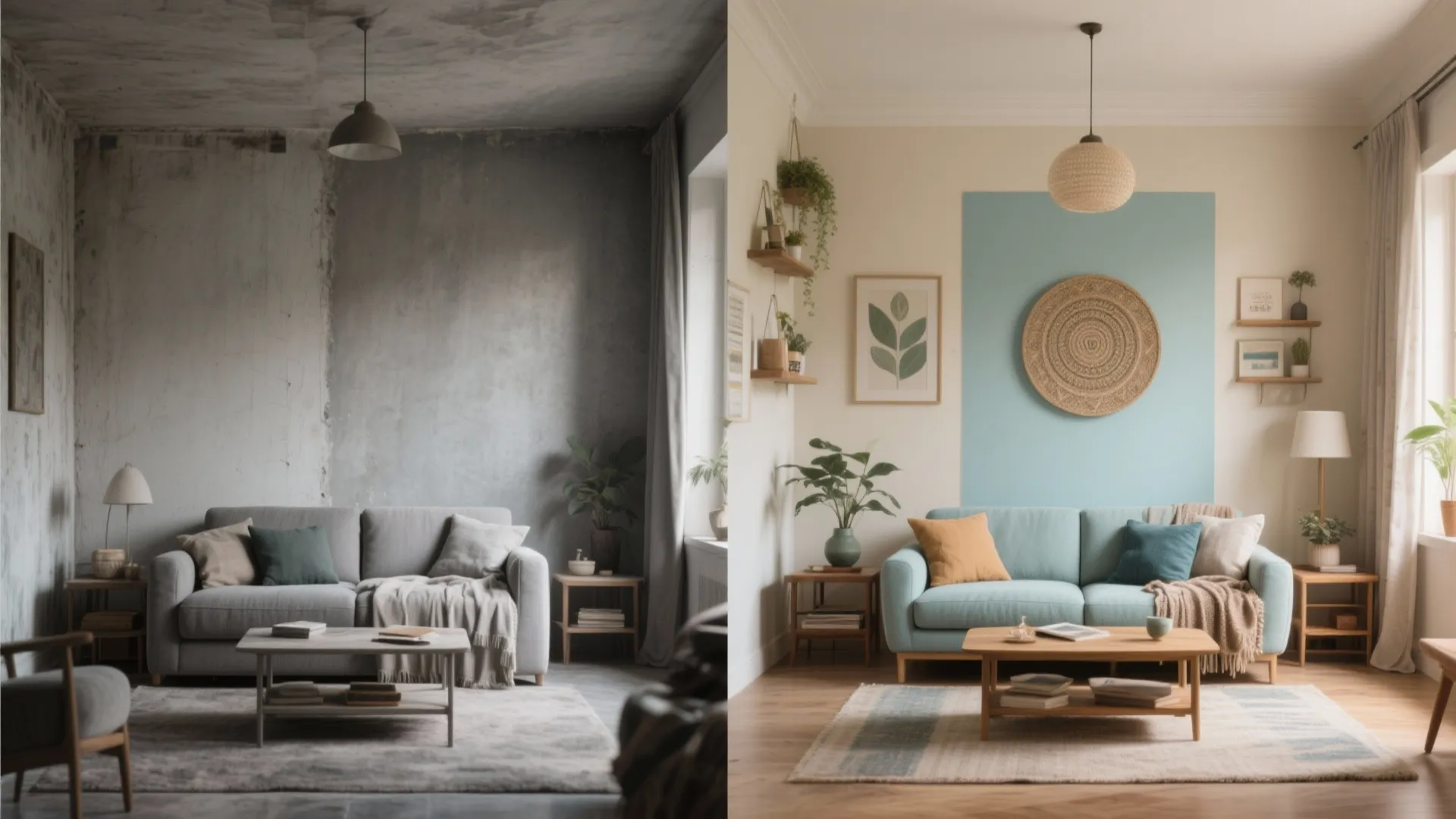 Before and after comparison of a grey living room renovated into a colorful modern space