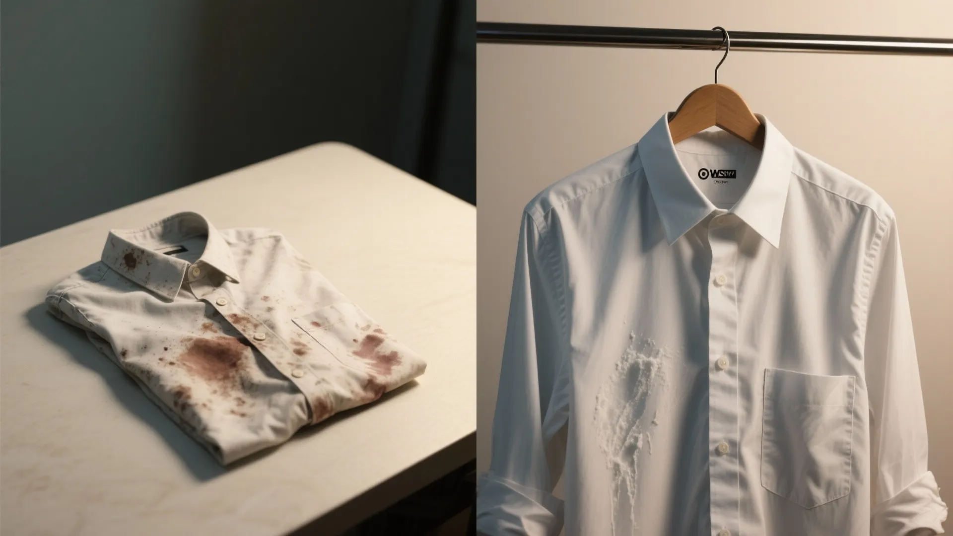 Before and after comparison of a stained white shirt versus a clean white shirt on hanger